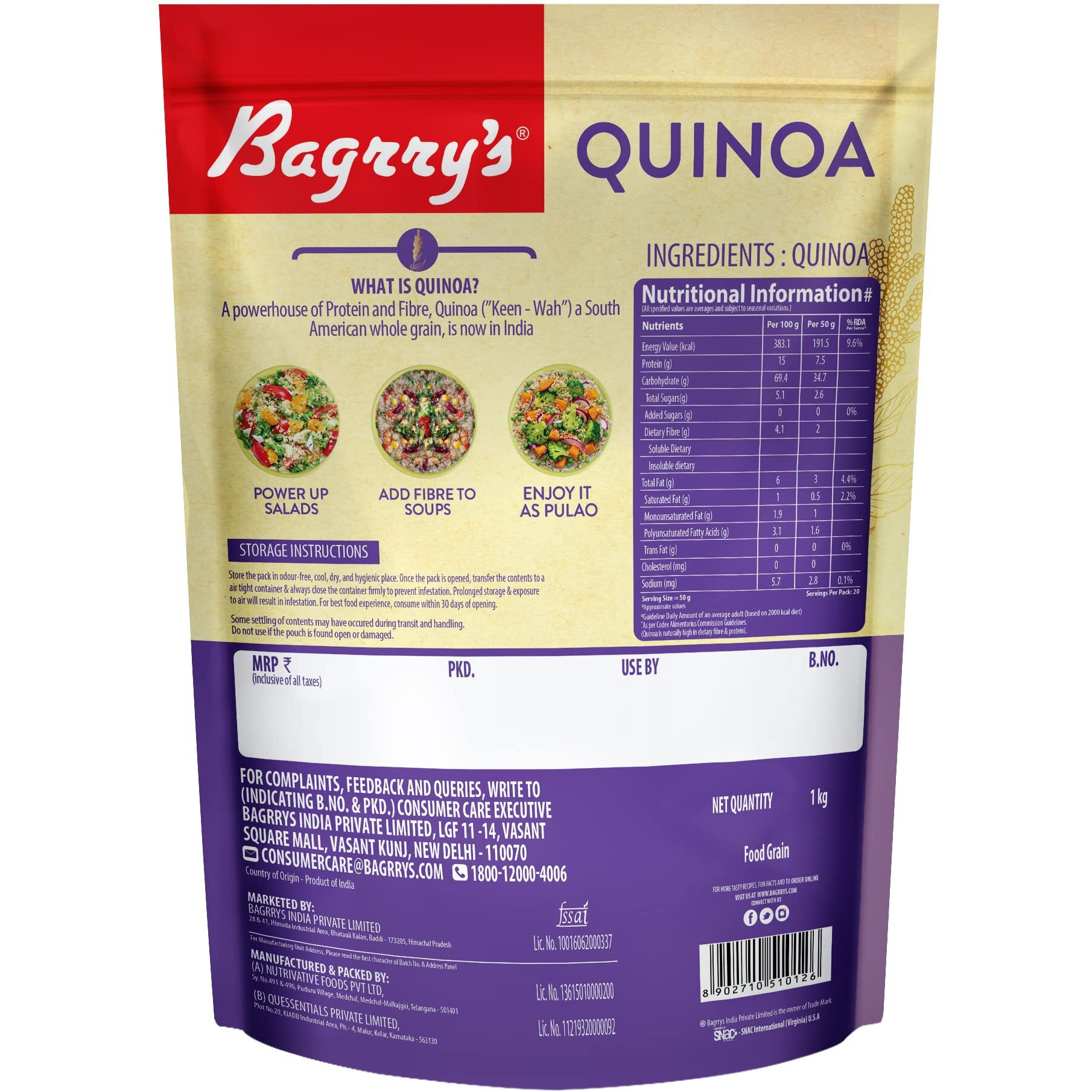 Bagrrys Quinoa 1kg- Diet Food | Cereal for Breakfast | Gluten Free | Quinoa Seeds | High in Dietary Fibre