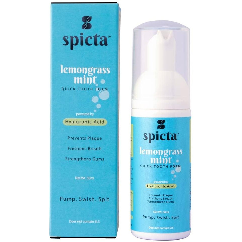 Spicta Lemongrass Mint Quick Tooth Foam For Teeth Cleaning | Powered By Hyaluronic Acid|Fluoride, Alcohol, SLS & Paraben Free Vegan Tooth Foam|Travel-Friendly Combination Of Toothpaste&Mouthwash-50ml