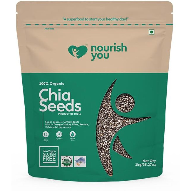 NOURISH YOU Organic Black Chia Seeds 1 KG | USDA Certified Grain | Gluten Free | Super Source of Calcium, Protein Fibre & Antioxidant | Enriched with Omega 3 & Zinc | SuperFood | Pack of 1 | 1 Kg