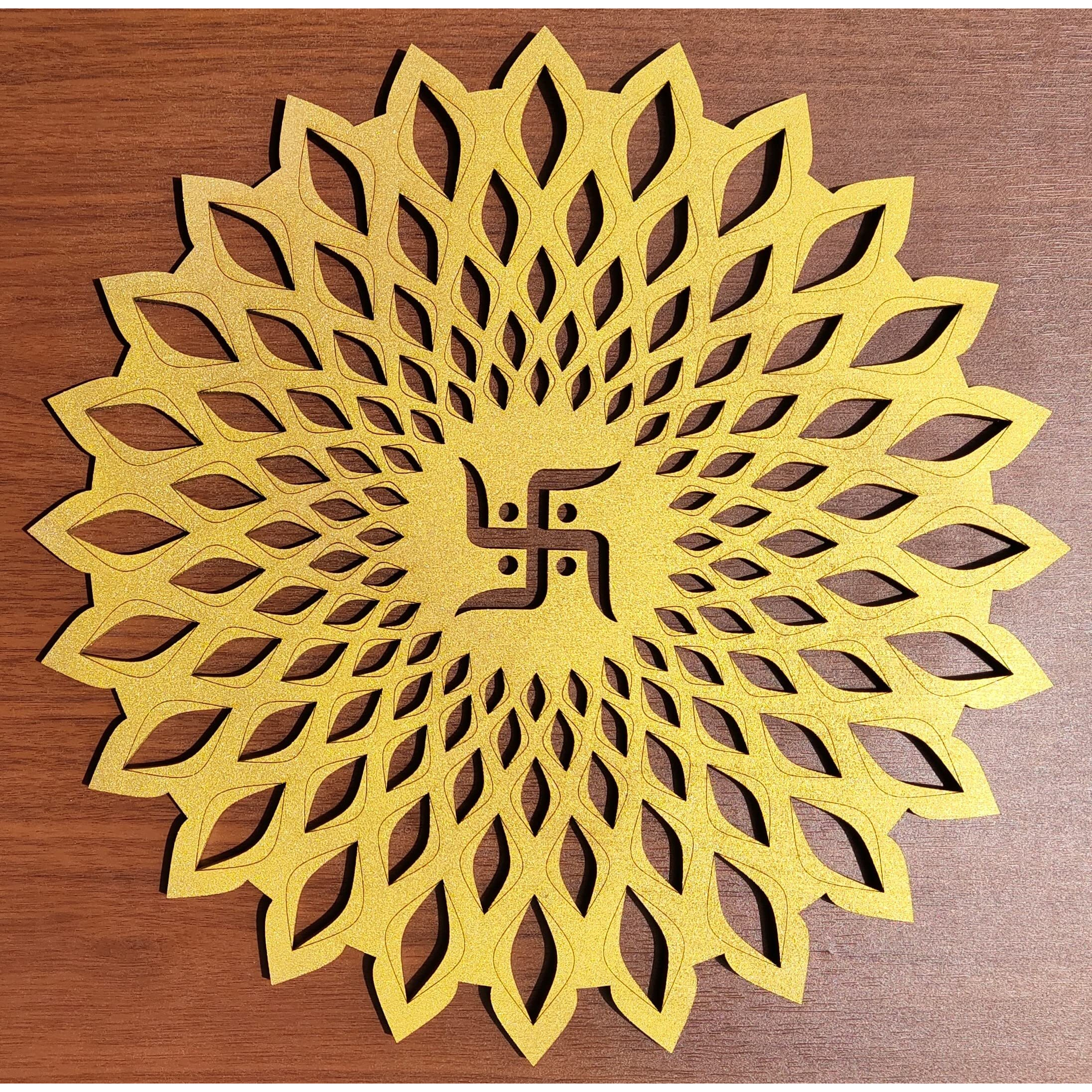 My Dream Carts Golden Round Decorative Wall Art Mdf Wooden Swastika Chakra For Temple, Living Room, Office, Hotel, Home Decor Items, Gift Item, Mandala Wall Hanging For House Decoration 20x20cm