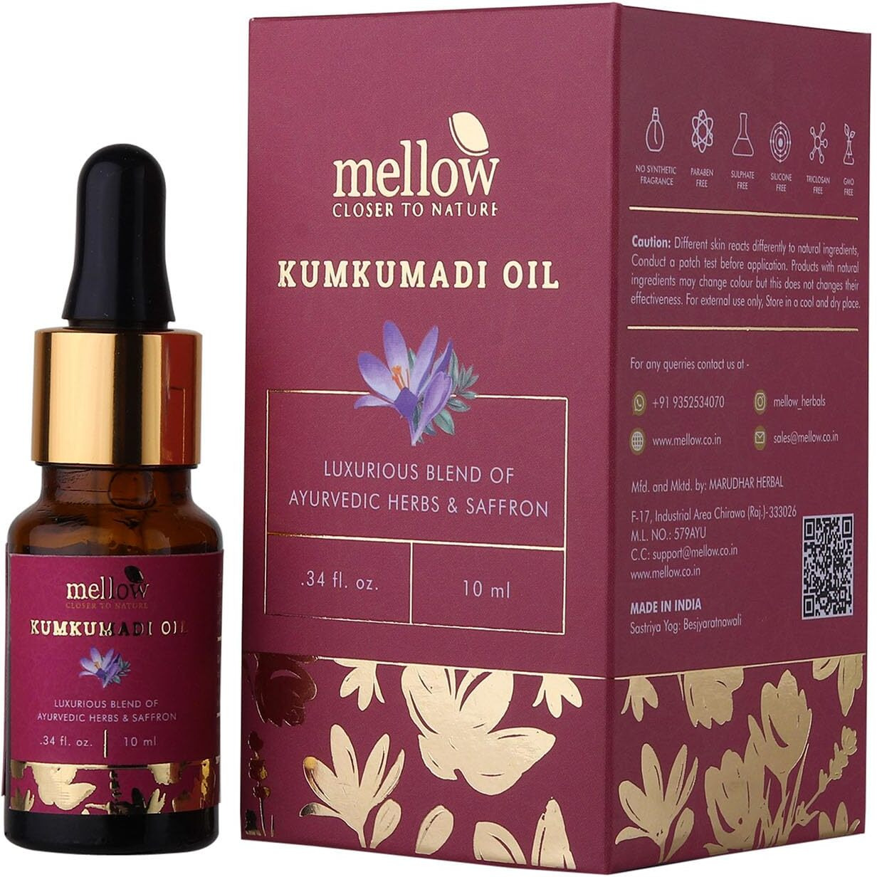 Mellow Ayurvedic Kumkumadi Face Oil/Tailam for Glowing Skin | Extracted from Pure Ayurvedic Herbs | Deep Nourishment | Anti Aging (10 ml) | Targets Fine Lines & Wrinkles | Ayush Certified