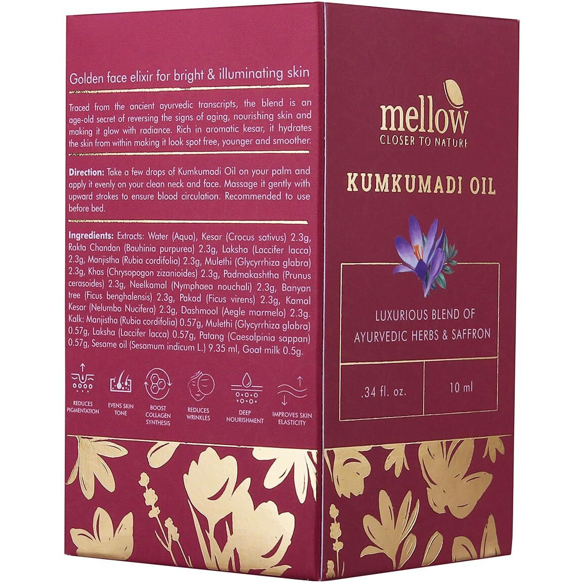 Mellow Ayurvedic Kumkumadi Face Oil/Tailam for Glowing Skin | Extracted from Pure Ayurvedic Herbs | Deep Nourishment | Anti Aging (10 ml) | Targets Fine Lines & Wrinkles | Ayush Certified