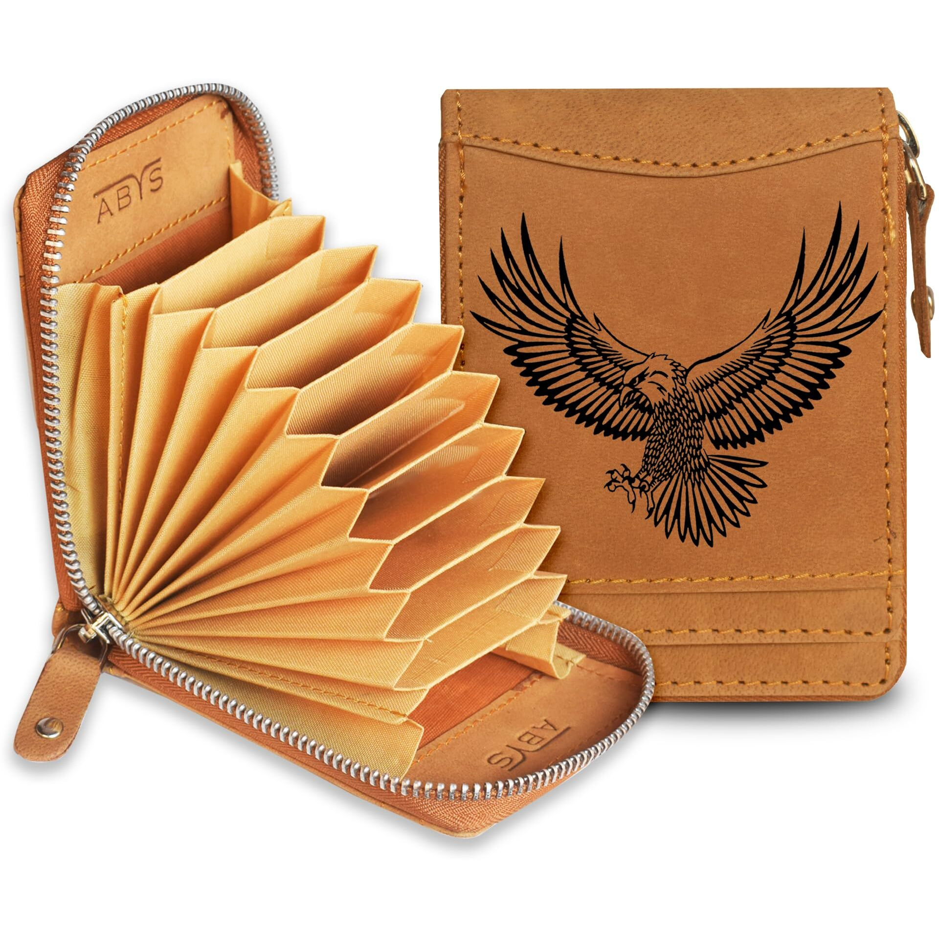 ABYS Genuine Leather RFID Protected Card Wallet||Card Case||ATM Card Holder for Men & Women (Tan-Eagle)