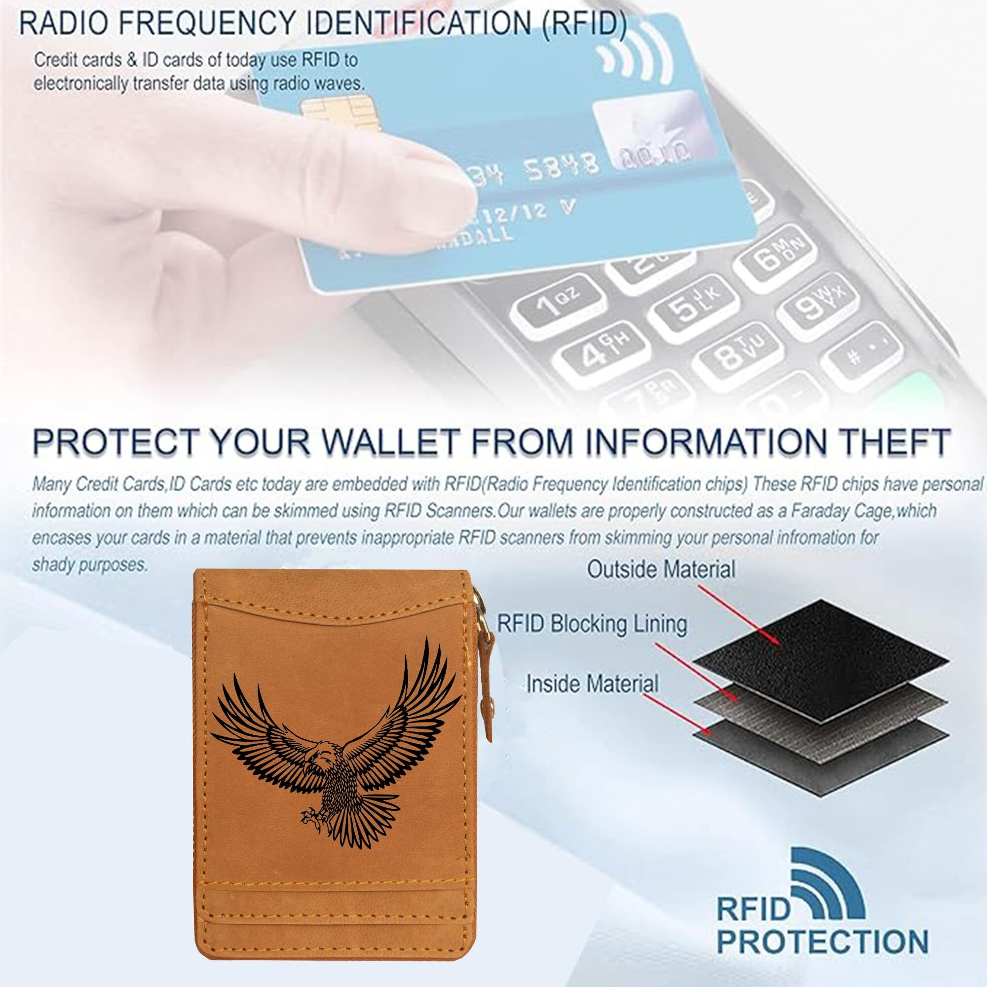 ABYS Genuine Leather RFID Protected Card Wallet||Card Case||ATM Card Holder for Men & Women (Tan-Eagle)