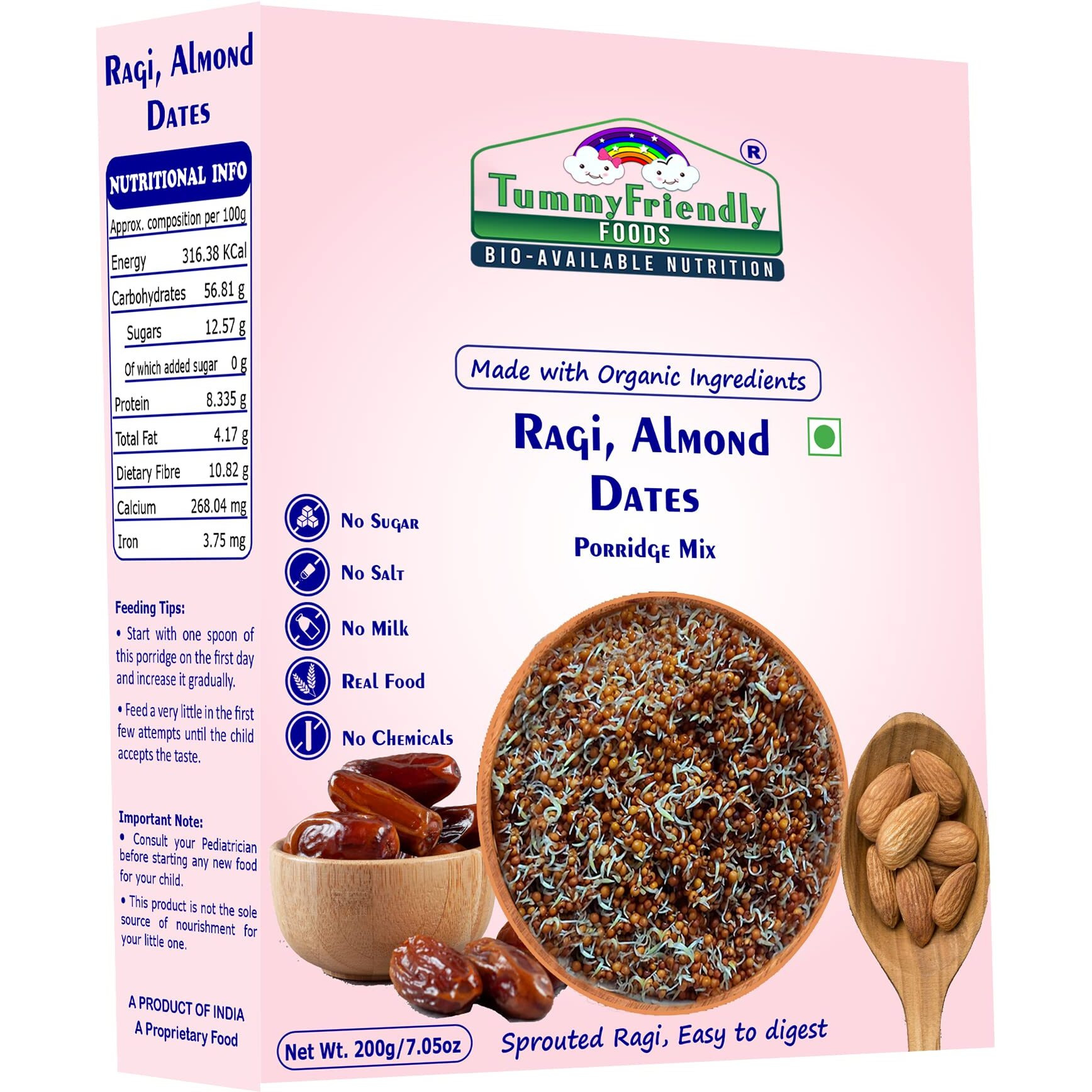 TummyFriendly Foods Organic Sprouted Ragi Almond Dates Porridge Mix | Made of Sprouted Ragi Powder for baby | Real Food No Chemicals | Available in Trial Baby Packs too | Shelf-life 9 month | 200g