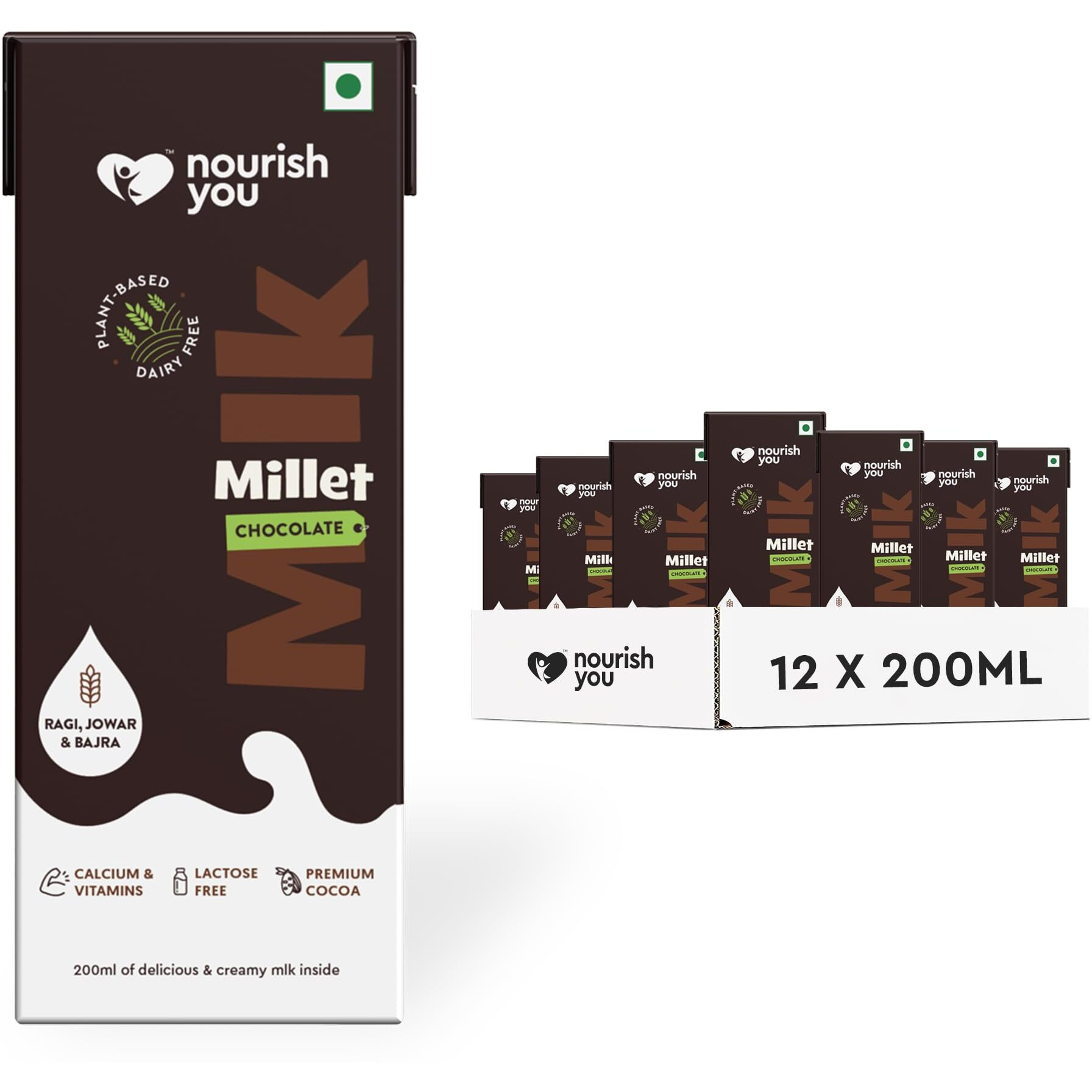 Nourish You Plant Based Millet Mlk with goodness of Ragi, Jowar, Bajra & Oats | Dairy Free | Anti-biotics free | Preservatives free | Healthy Vegan Creamy Mlk Unsweetened | No-added sugar | Chocolate Flavour Mlk | 2.4 L ( 200 ml each  12 )