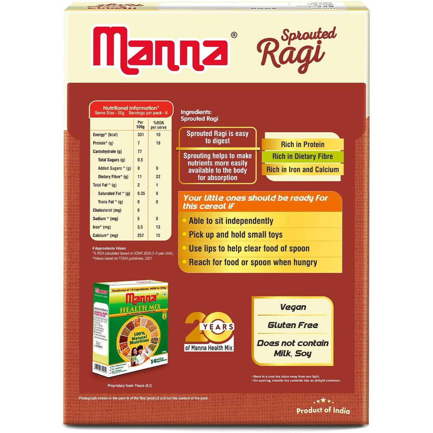 Manna Sprouted Ragi Powder 250g, Baby Porridge Mix,100% Natural Health Food, No Added Colour, Flavour, Additives. 250g (250g (Pack of 1))