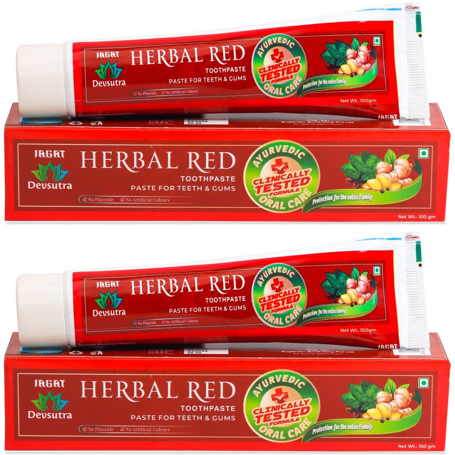 Jagat Devsutra Dr. Trusted Ayurvedic HERBAL Red Toothpaste for Teeth Whitening & Cold Breath - 100% Natural Formula, No Fluoride & Artificial Colours - Pack of 2 (100g x 2)