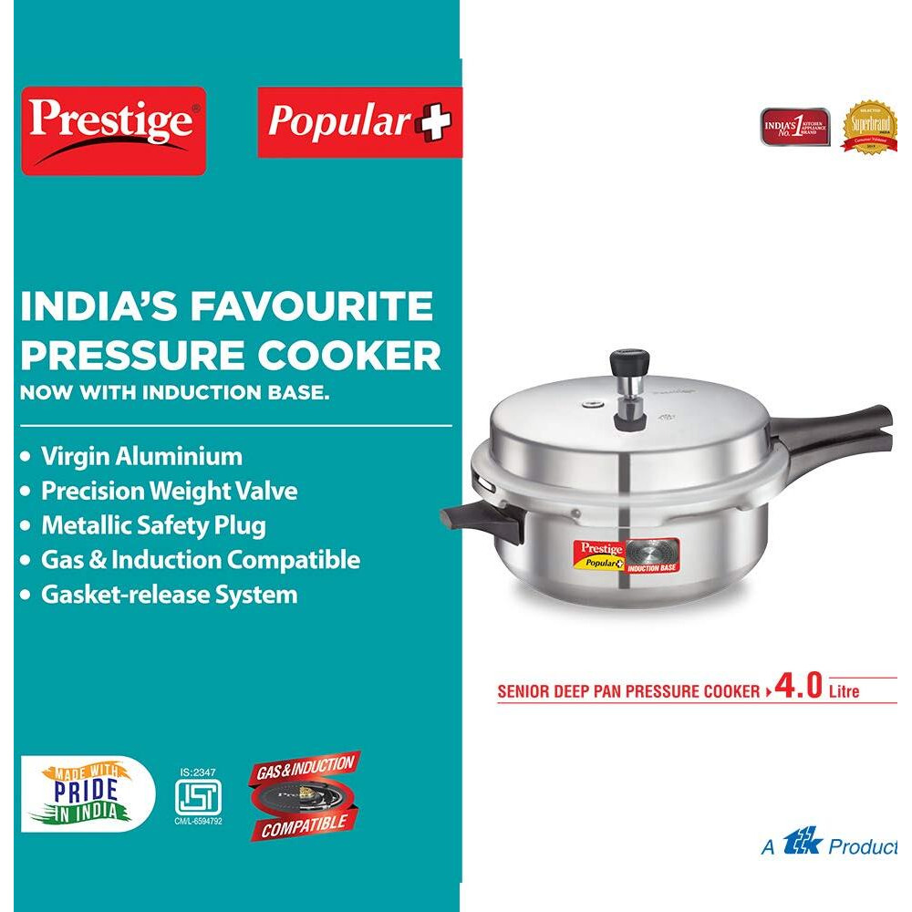 Prestige Popular Plus Induction Base Junior Deep Pan, Aluminium Outer Lid Pressure cooker, 4.1 litres, Silver