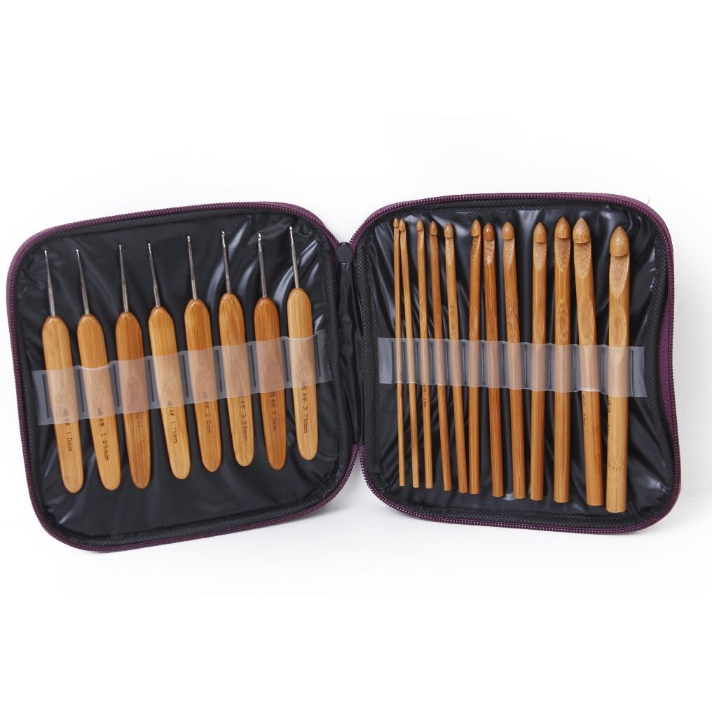 fancyku 20Pcs Bamboo Crochet Hooks Knitting Needles Set with Case