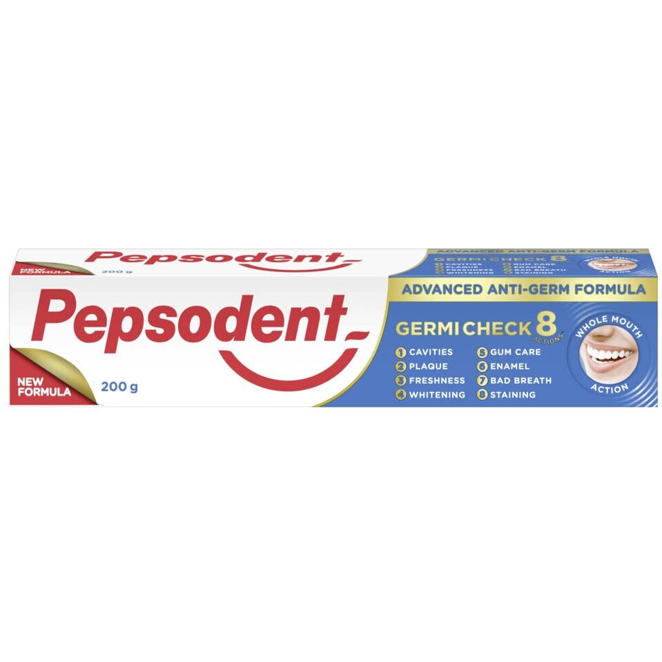 Pepsodent Germicheck 200g 8 Actions, Whole Mouth Toothpaste Fights Teeth, Gum & Tongue Germs, Prevents Cavity, Helps Teeth Whitening & Oral Hygiene