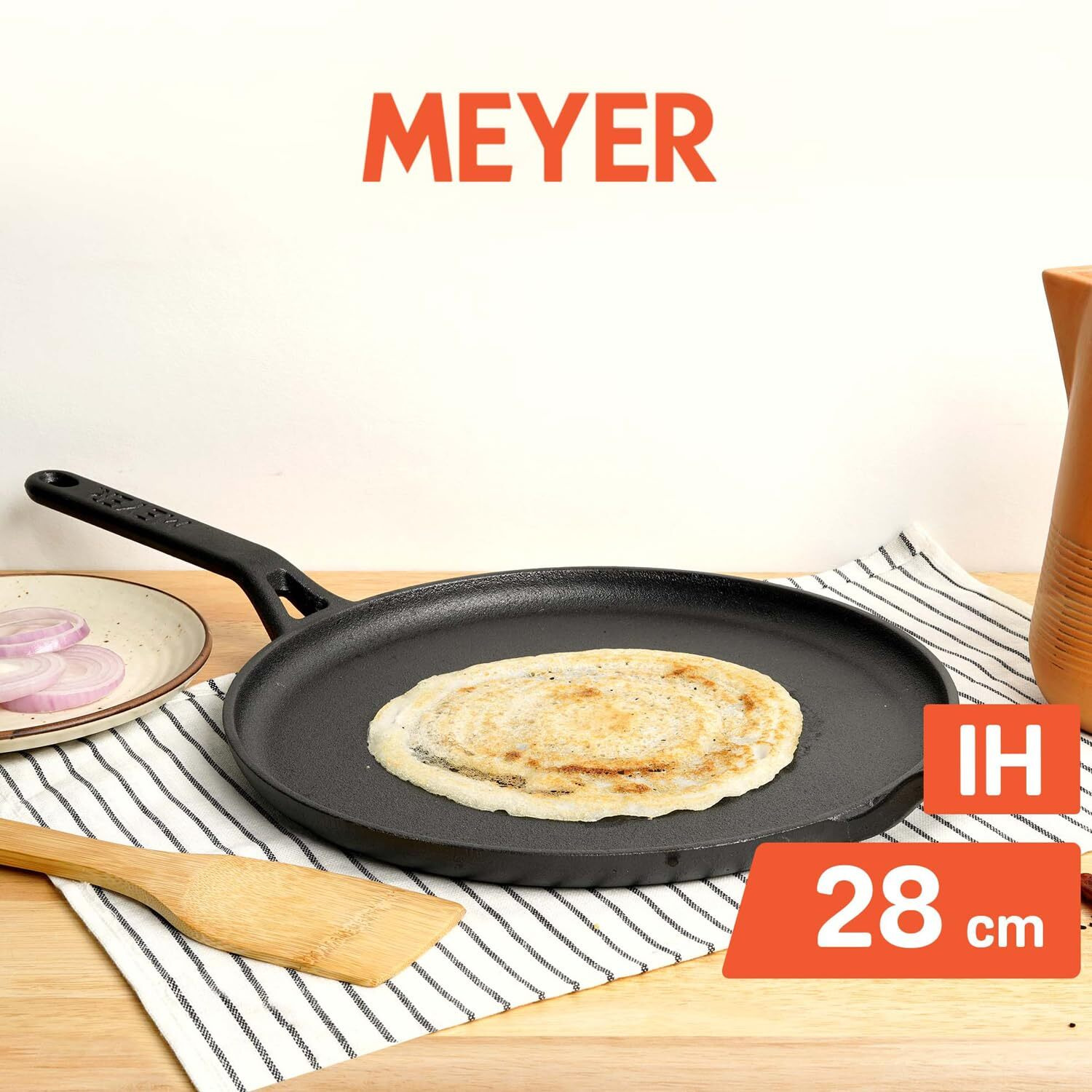 Meyer Pre-Seasoned Cast Iron Flat Dosa/ Roti/ Chapati Tawa Pan with Stick Handle, Dosa Kallu, Iron Tawa Big Size | Pre-Seasoned Cast Iron Cookware | Gas and Induction Compatible | 28cm, Black