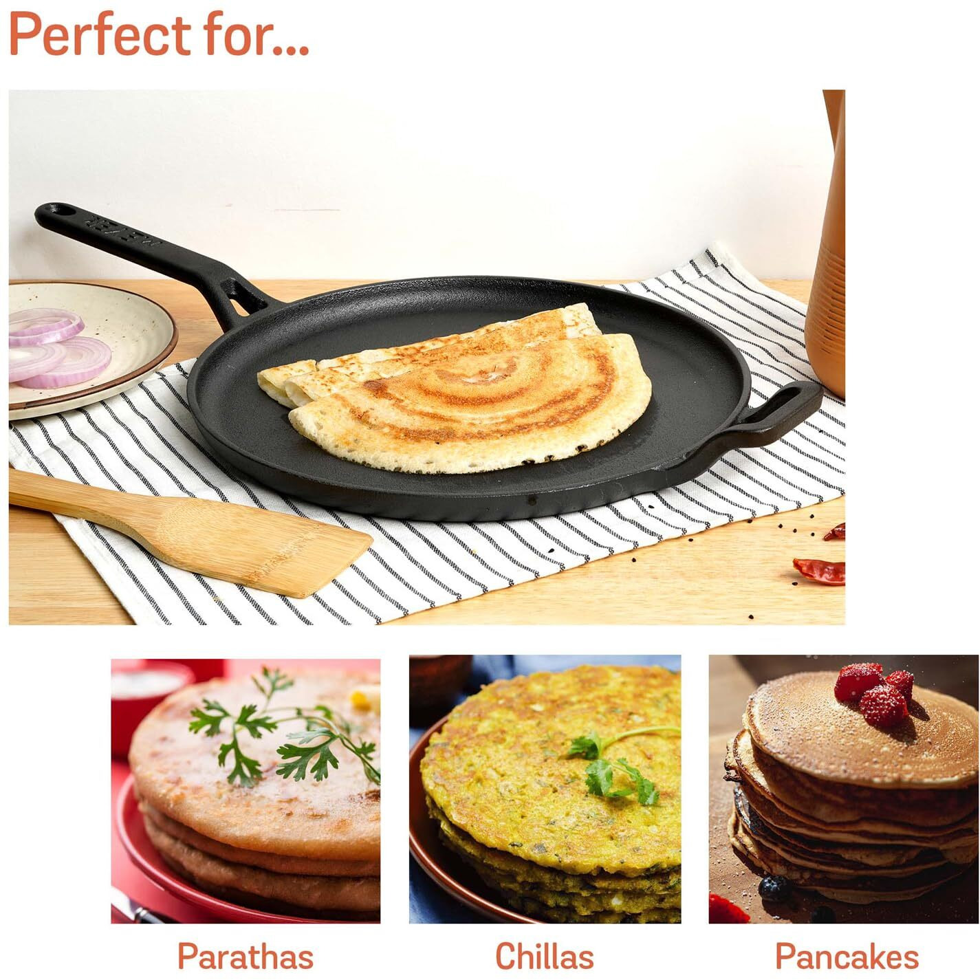 Meyer Pre-Seasoned Cast Iron Flat Dosa/ Roti/ Chapati Tawa Pan with Stick Handle, Dosa Kallu, Iron Tawa Big Size | Pre-Seasoned Cast Iron Cookware | Gas and Induction Compatible | 28cm, Black