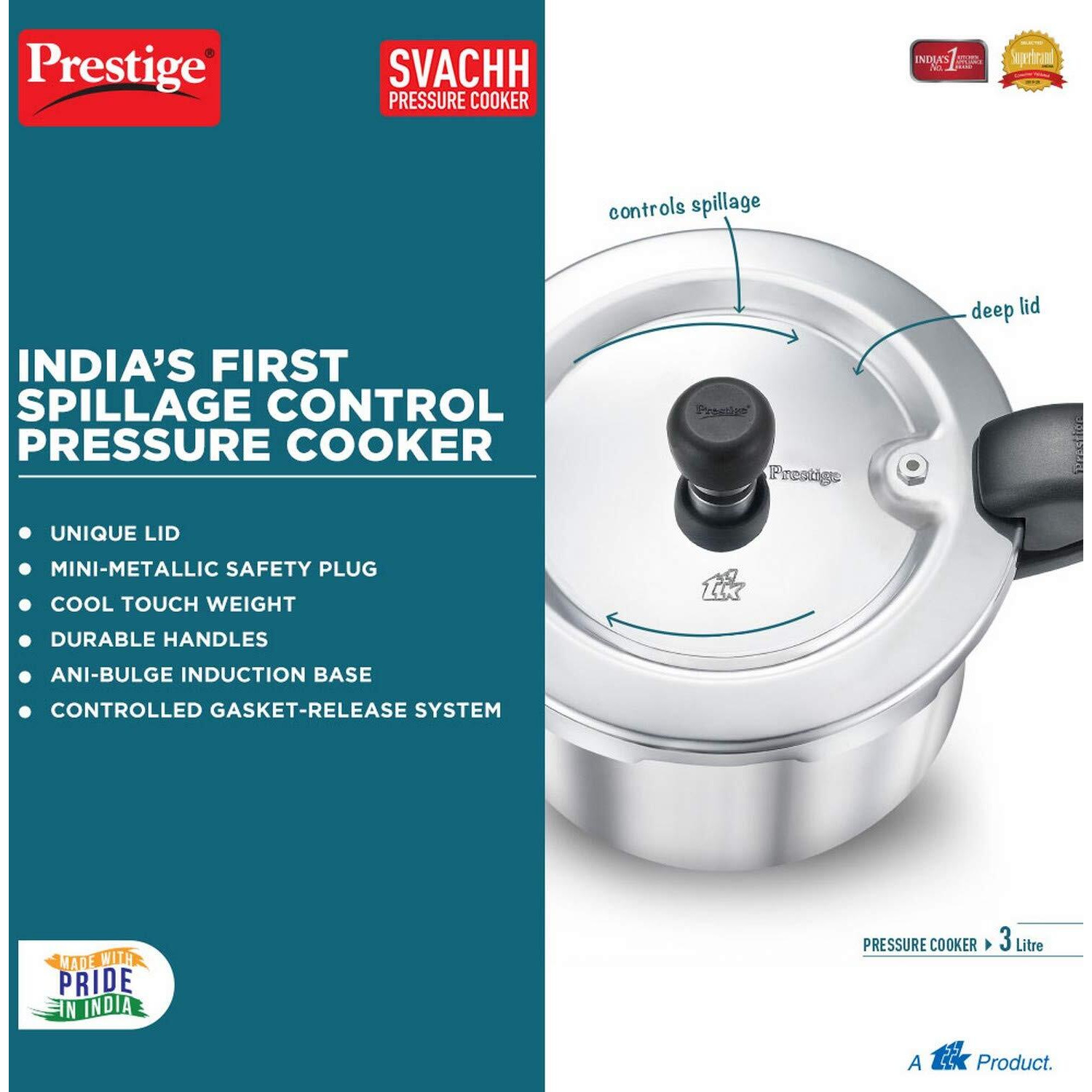 Prestige Svachh Aluminium Outer Lid Pressure Cooker 3 L (Silver), 3 Liter