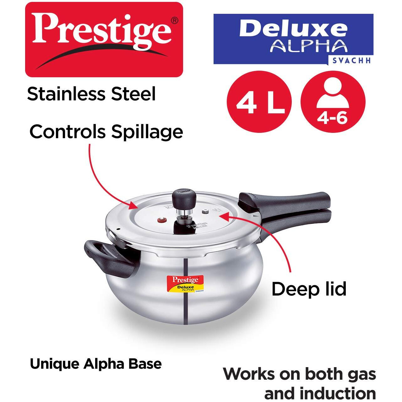 Prestige Svachh, 20268, 4 L, Alpha Junior Handi, With Deep Lid For Spillage Control, Stainless Steel, Silver, Outer Lid