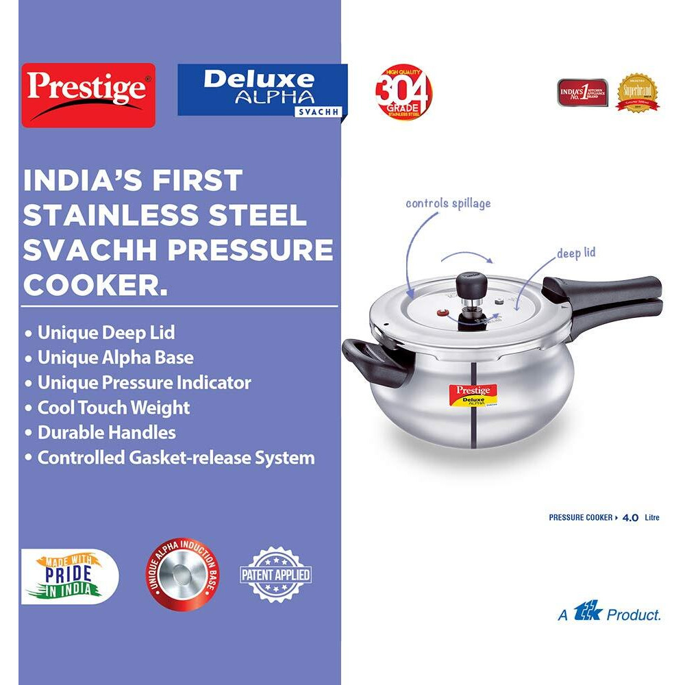 Prestige Svachh, 20268, 4 L, Alpha Junior Handi, With Deep Lid For Spillage Control, Stainless Steel, Silver, Outer Lid