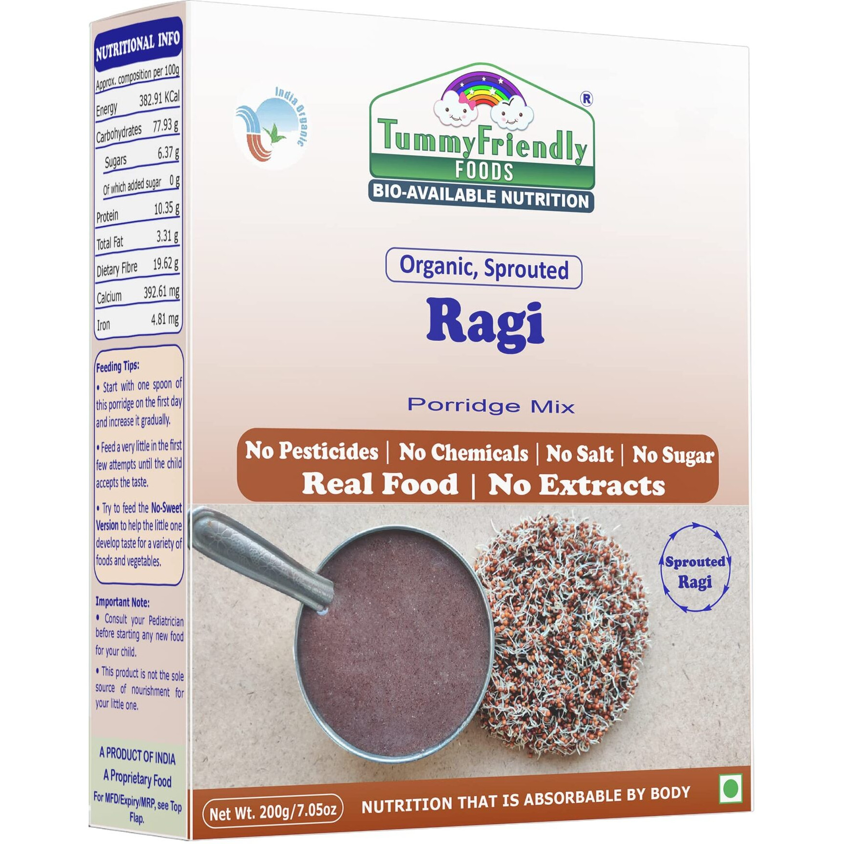 TummyFriendly Foods Certified Organic Sprouted Ragi Flour For Little Ones. Made of Organic Sprouted Ragi Powder | Ragi Flour for Baby, rich in Calcium, Iron, Fibre & Micro-Nutrients. Ragi Sari Nachani Satva. No Sugar, No Salt, No Milk, No Chemicals, No Pesticides | Maximum Nutrition From Real Food. Available in Trial Baby Packs too. Shelf Life 6 Month | 200g, ONE PACK