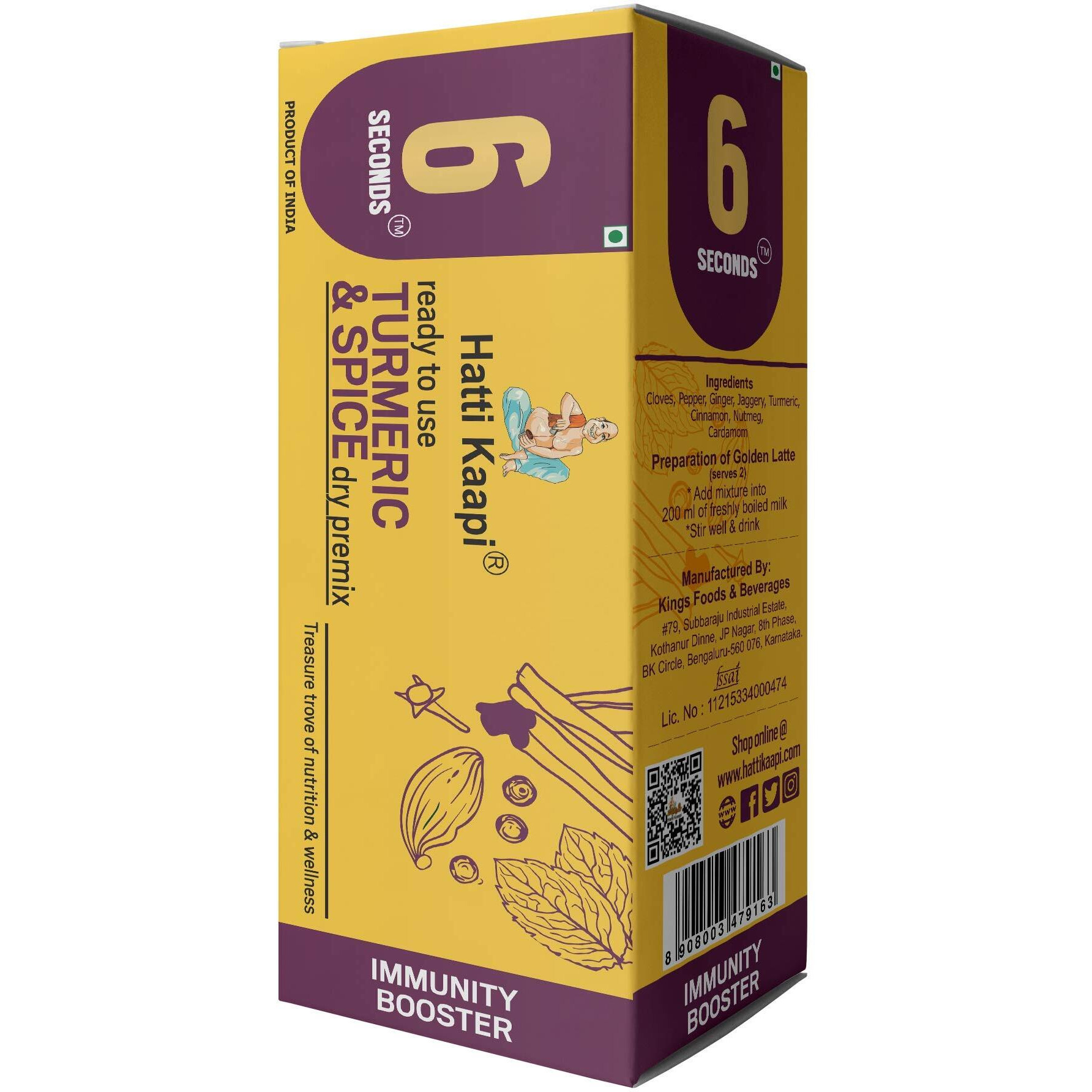 6 Seconds Hatti Golden Latte(Turmeric & Spices)-3 Boxes(3 x 5 sachets  30 Serves)