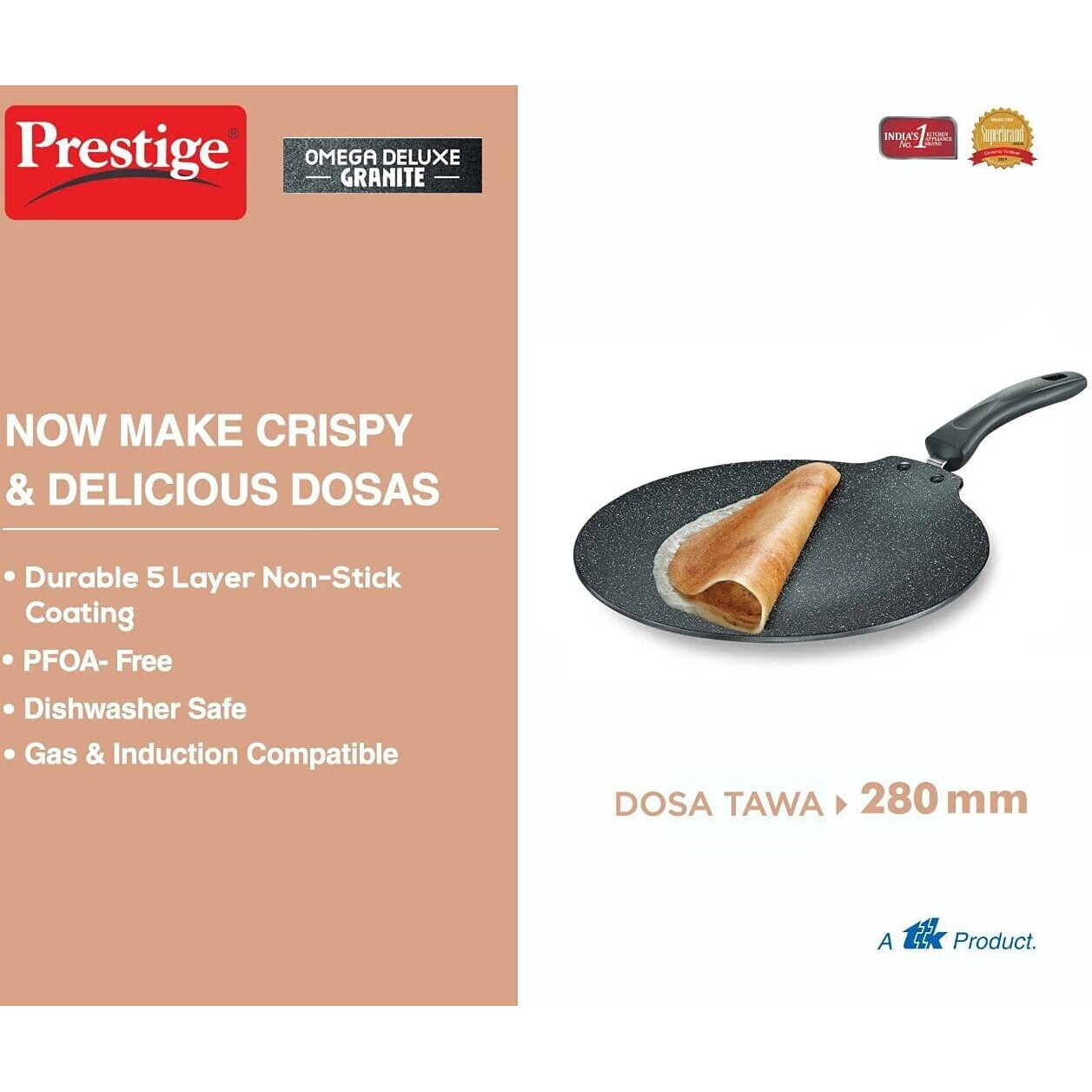 Prestige Omega Deluxe Granite Flat Dosa Tawa | Black | 28 cm |Non-Stick | Induction Base | Dishwasher Safe | PFOA Free | Metal Spoon Friendly