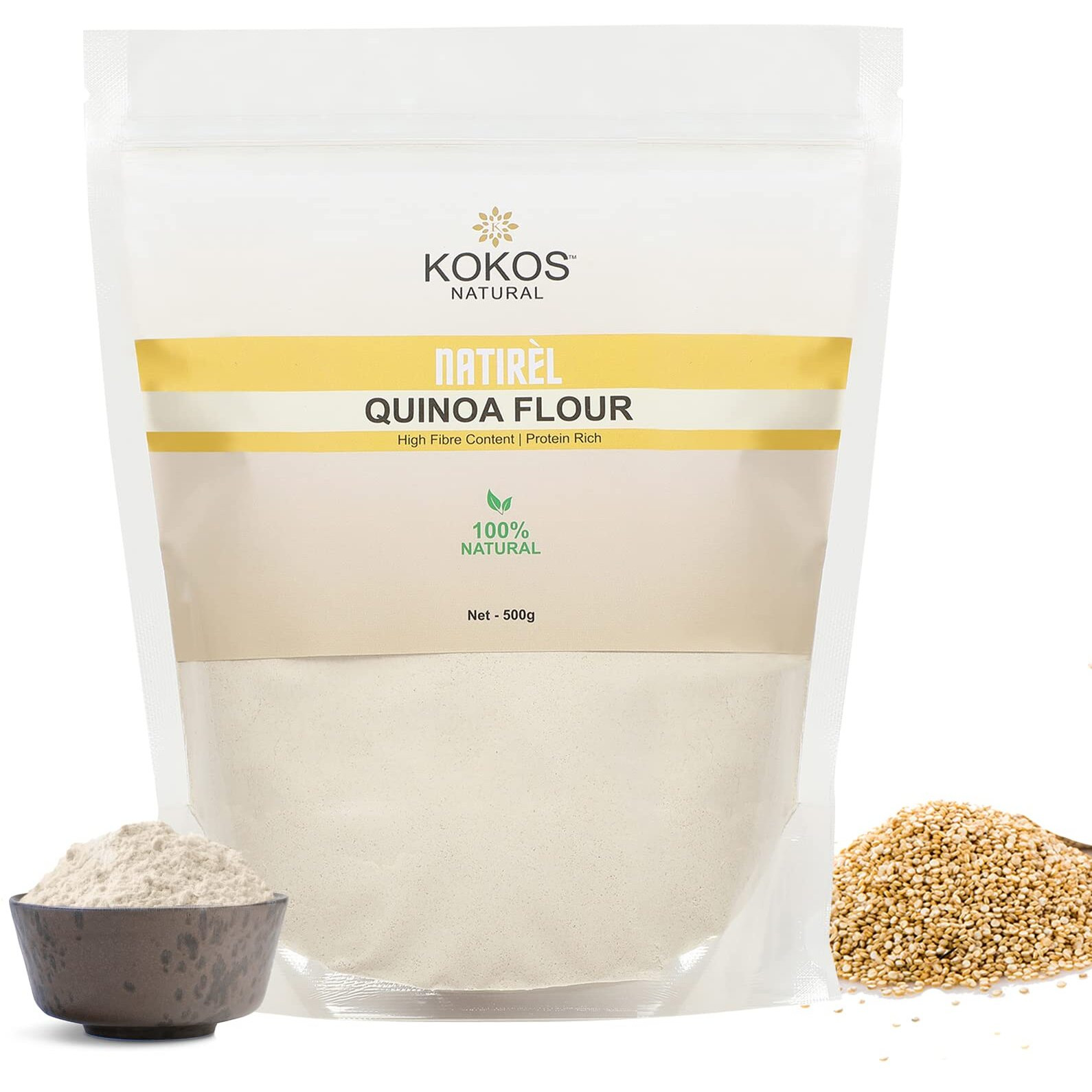 Kokos Natural Quinoa Flour 500 Gm - High Fiber, Protein Rich, Gluten Free, & Nutritious with Essential Amino Acids &Antioxidants. Ideal for Parathas, Baked Items, Pizza, & for Ideal for Weight Loss.