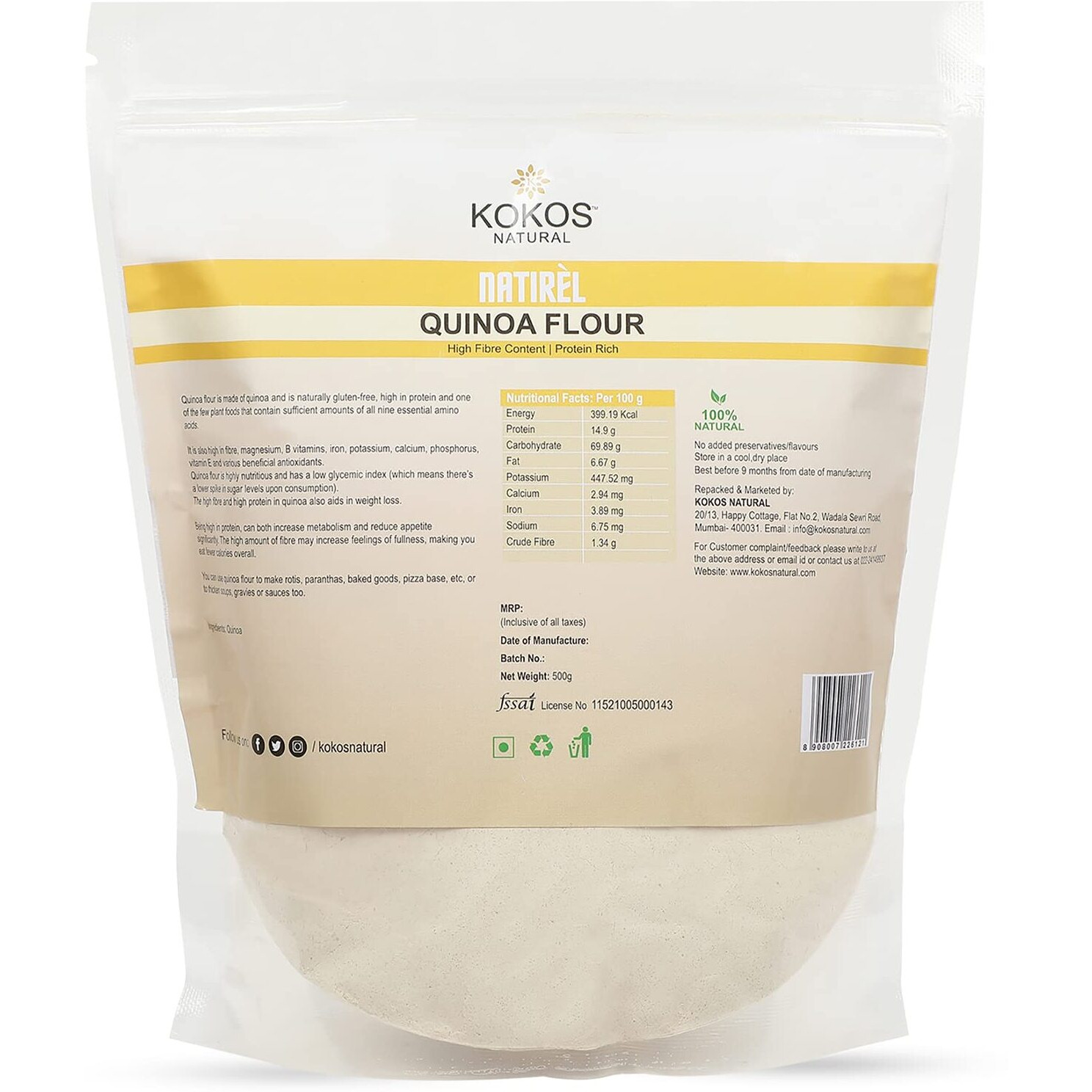 Kokos Natural Quinoa Flour 500 Gm - High Fiber, Protein Rich, Gluten Free, & Nutritious with Essential Amino Acids &Antioxidants. Ideal for Parathas, Baked Items, Pizza, & for Ideal for Weight Loss.