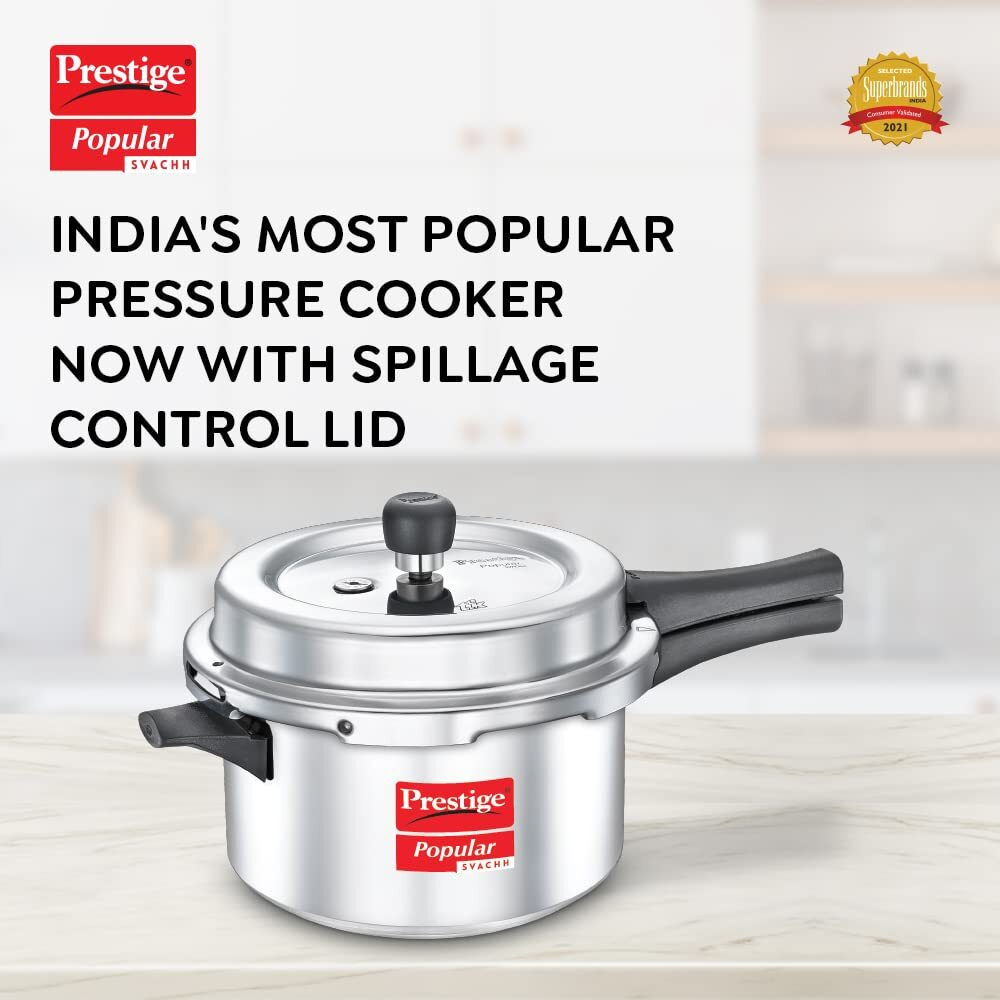 Prestige Popular Svachh Virgin Aluminium Spillage Control Outer Lid Pressure Cooker, 4 L (Silver), 4 Liter