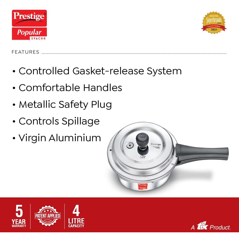 Prestige Popular Svachh Virgin Aluminium Spillage Control Outer Lid Pressure Cooker, 4 L (Silver), 4 Liter