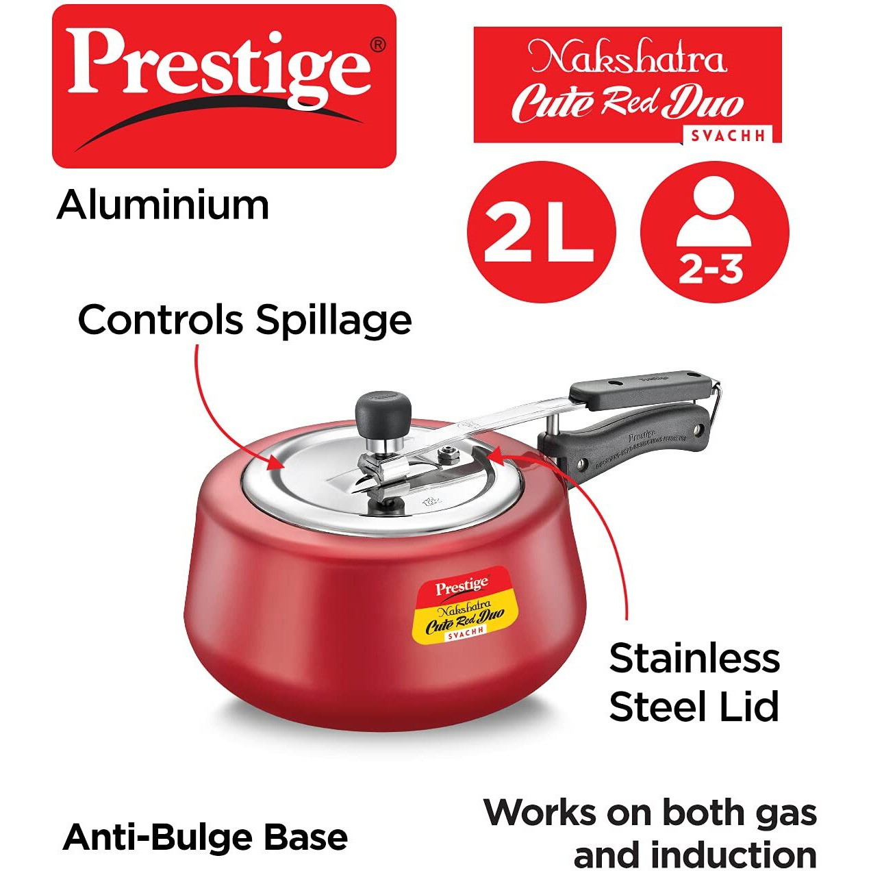 Prestige Nakshatra Cute Duo Svachh Aluminium Inner Lid Pressure Cooker, 2 Litre, Red, 2 Liter