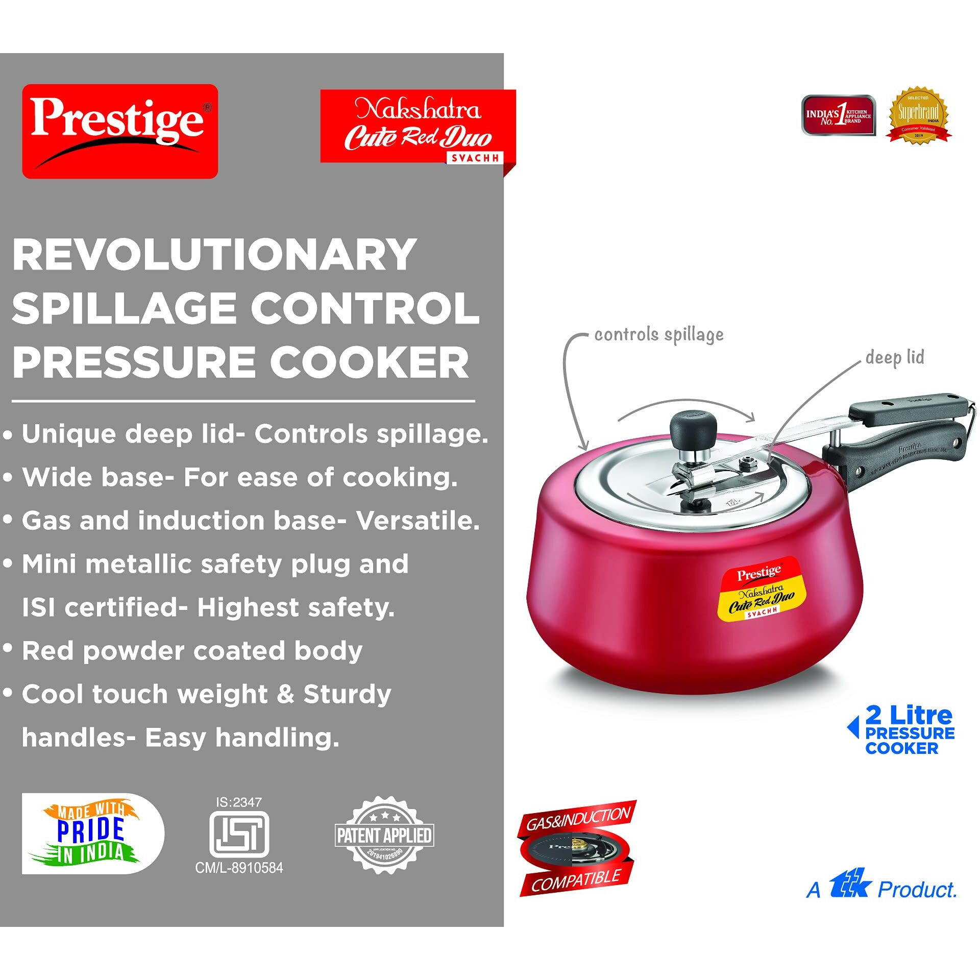 Prestige Nakshatra Cute Duo Svachh Aluminium Inner Lid Pressure Cooker, 2 Litre, Red, 2 Liter