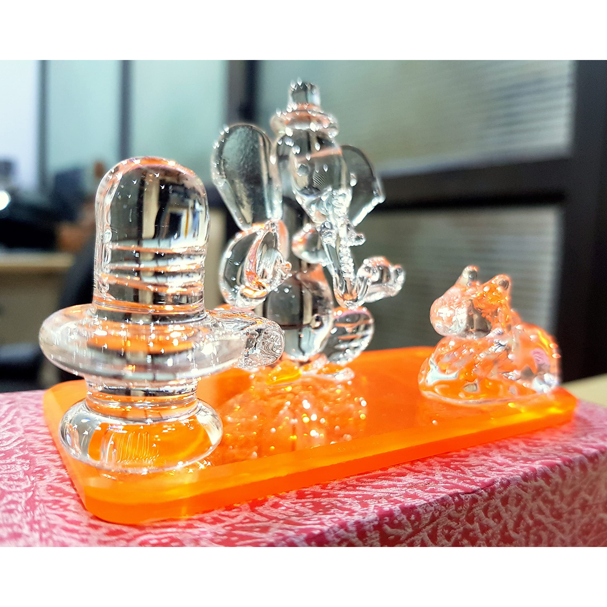 ESPLANADE Glass Ganesh Ji with Shivling and Nandi | Ganpati Murti Idol Statue Sculpture - 2.5" Inches - Ideal for Car Dashboard