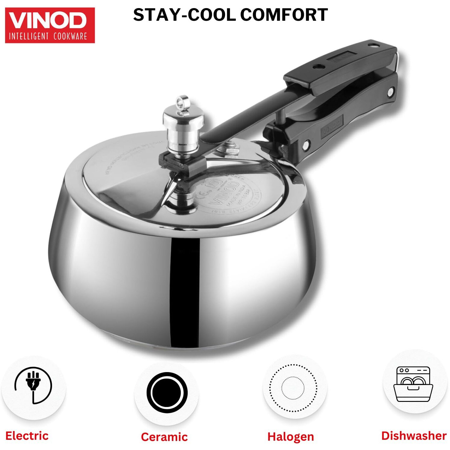 Vinod Europa Stainless Steel Inner Lid Pressure Cooker - 2 Litre | Handi Shape | Sandwich Bottom Cooker | Induction and Gas Base | ISI and CE certified - 2 Years Warranty