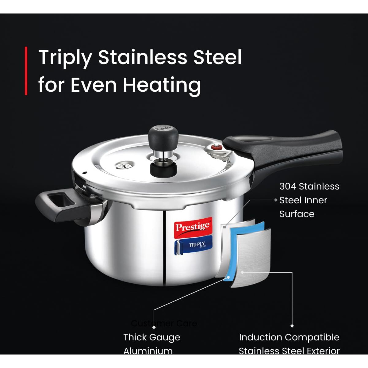 Prestige 3 Litres Svachh Triply Induction Base Outer Lid Pressure Cooker |Silver | Deep Lid Spillage Control | Even heat distribution|5 years warranty