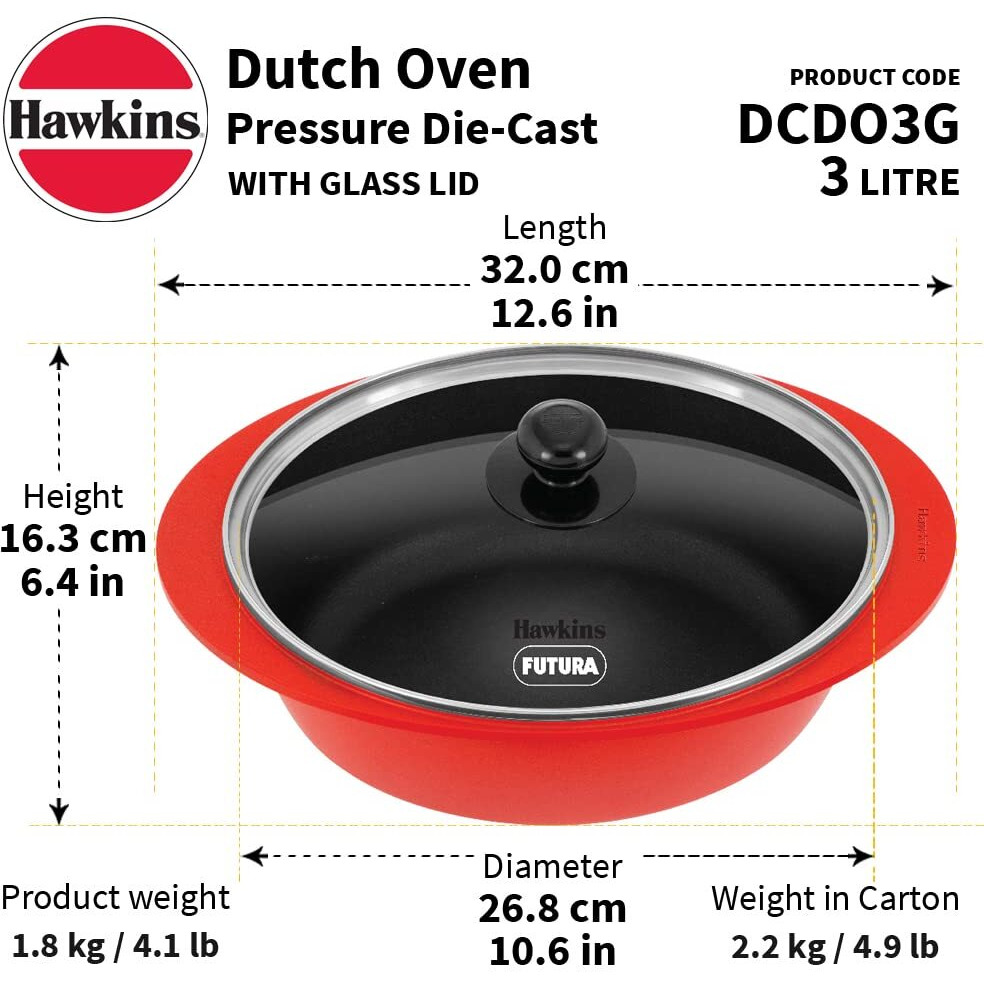 Hawkins 3 Litre Dutch Oven, Nonstick Biryani Pot, Red Ceramic Coated Casserole, Cooking Pot, Saute Pan, Red (DCDO3G)