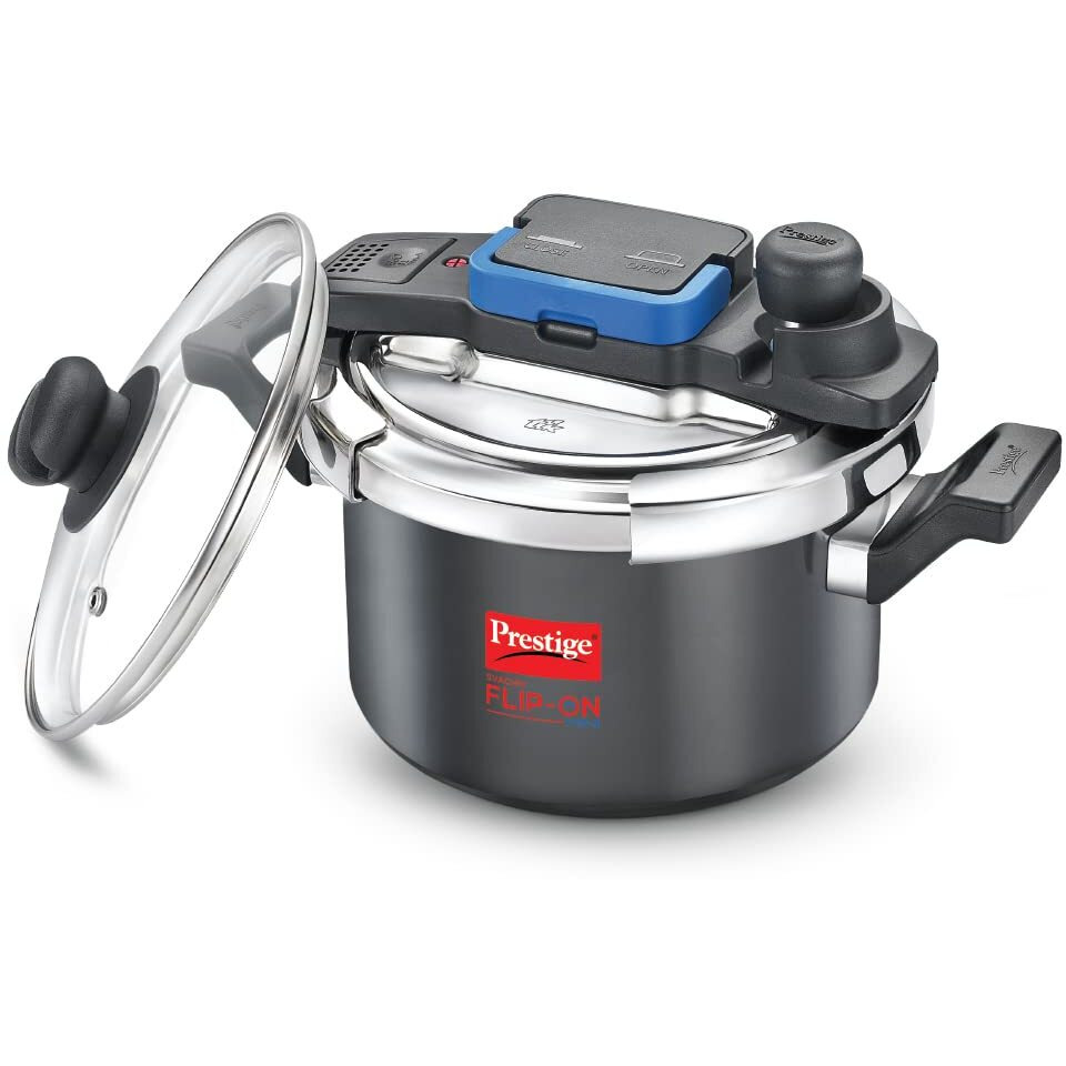 Prestige Svachh Flip-on Mini Hard Anodised Spillage Control Outer Lid Pressure Cooker with Glass Lid, 3 Litre (Black)