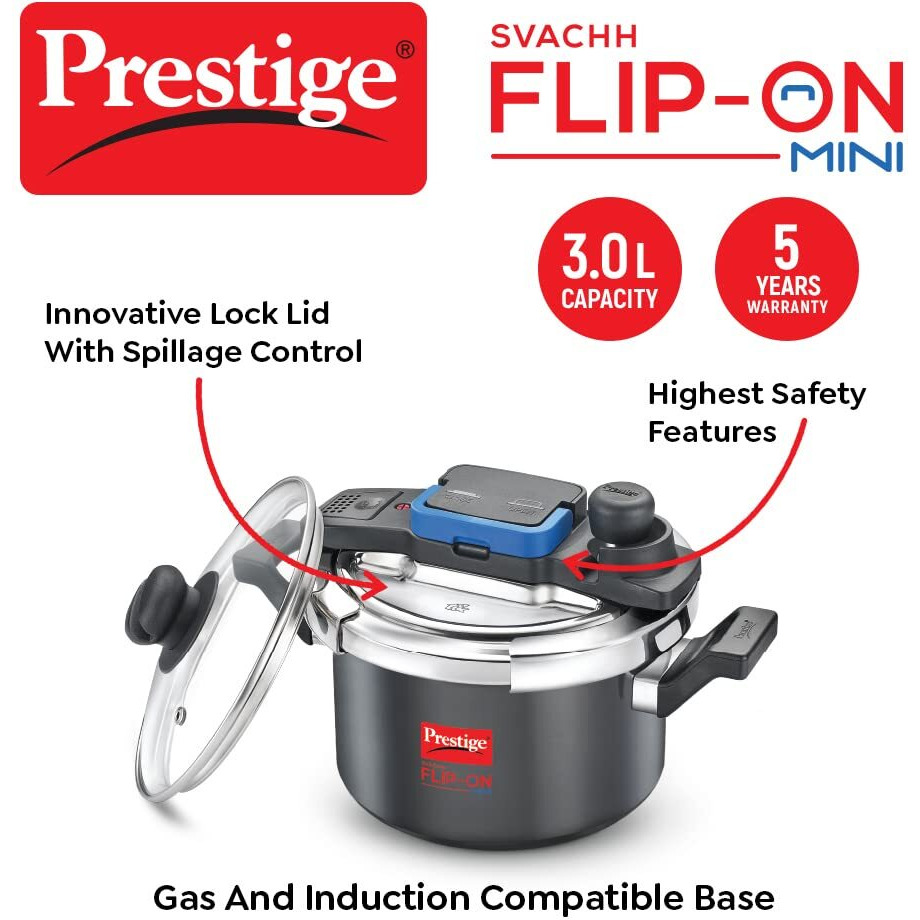 Prestige Svachh Flip-on Mini Hard Anodised Spillage Control Outer Lid Pressure Cooker with Glass Lid, 3 Litre (Black)