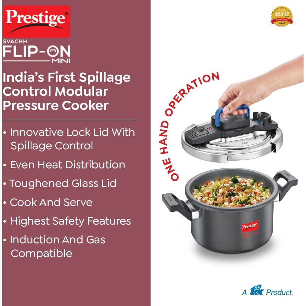 Prestige Svachh Flip-on Mini Hard Anodised Spillage Control Outer Lid Pressure Cooker with Glass Lid, 3 Litre (Black)