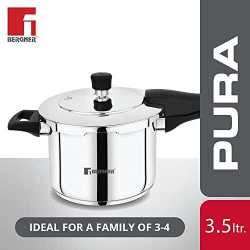 Bergner Pura Stainless Steel 3.5 L Pressure Cooker, Outer Lid Cooker, Triply Bottom, For Healthy Cooking, Mirror Finish, Easy To Clean, Induction Base & Gas Ready, Silver, 5-Year Warranty