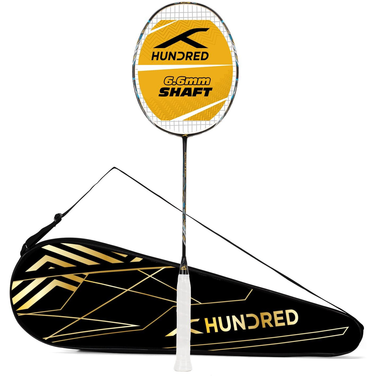 HUNDRED Flutter S Zoom Carbon Fibre Strung Badminton Racket with Full Racket Cover (Black/Gold) | for Intermediate Players | 78 Grams | Maximum String Tension - 32lbs