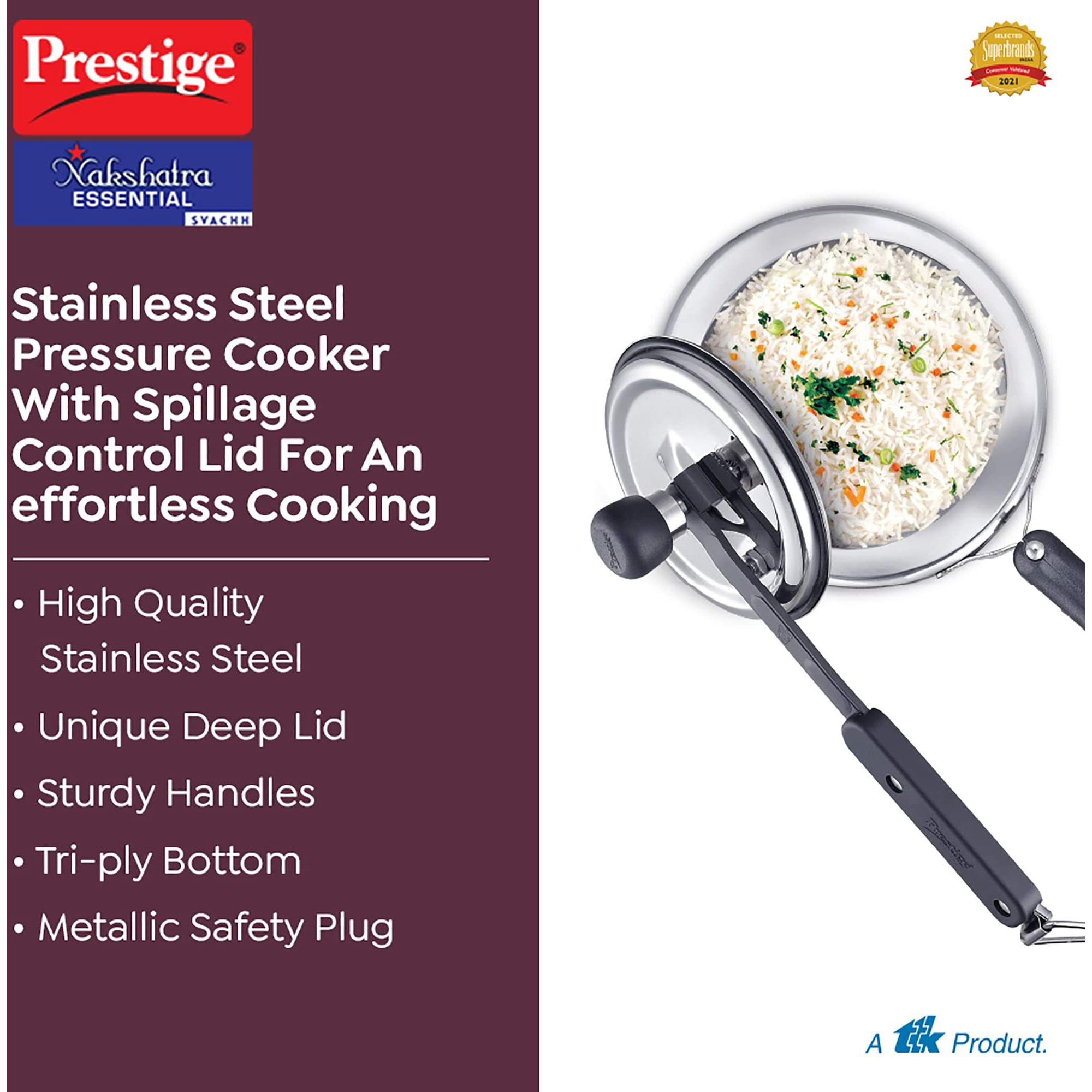 Prestige Nakshatra Essential Svachh Stainless Steel Pressure Cookers(3L, Silver, Tri-Ply Bottom, Inner Lid)