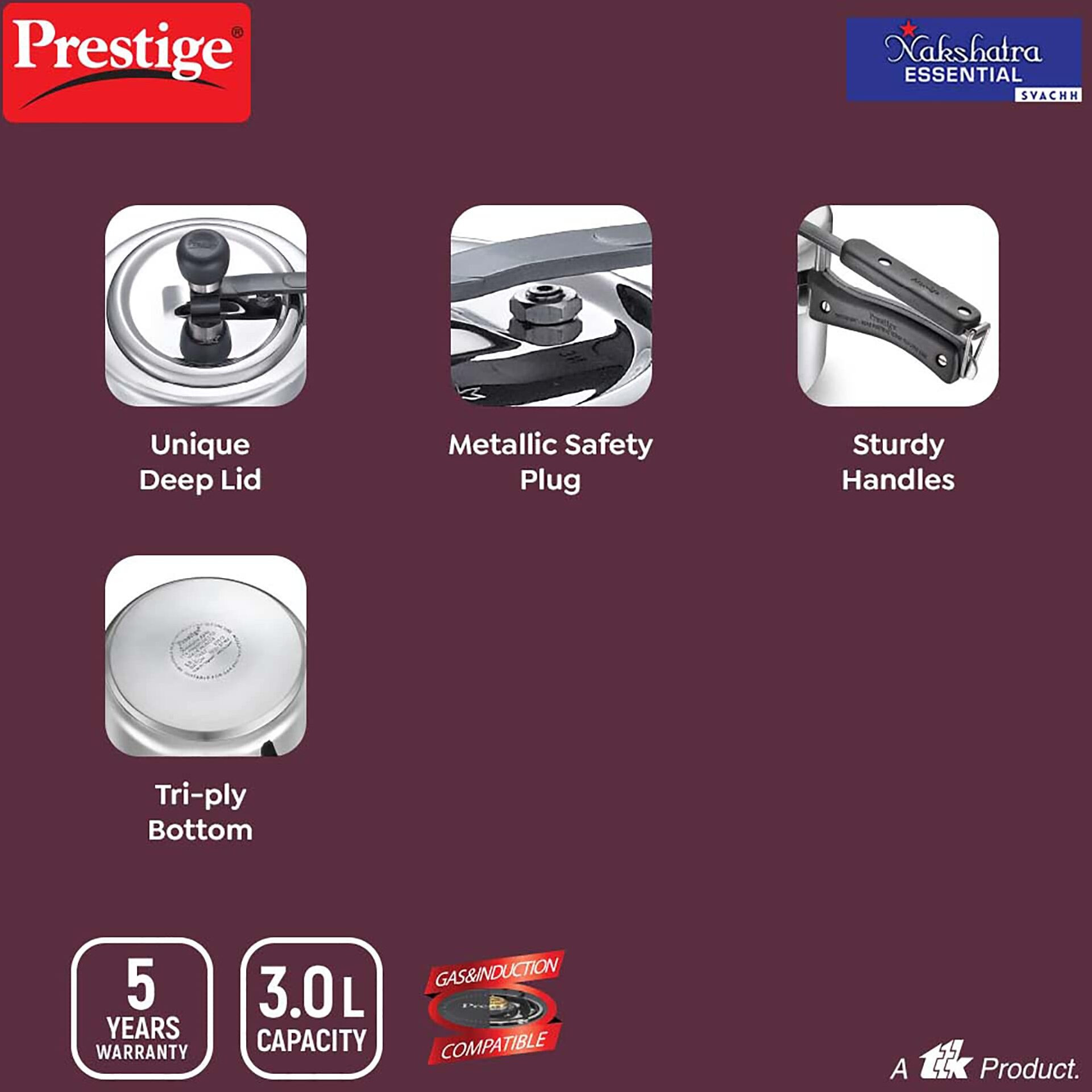 Prestige Nakshatra Essential Svachh Stainless Steel Pressure Cookers(3L, Silver, Tri-Ply Bottom, Inner Lid)