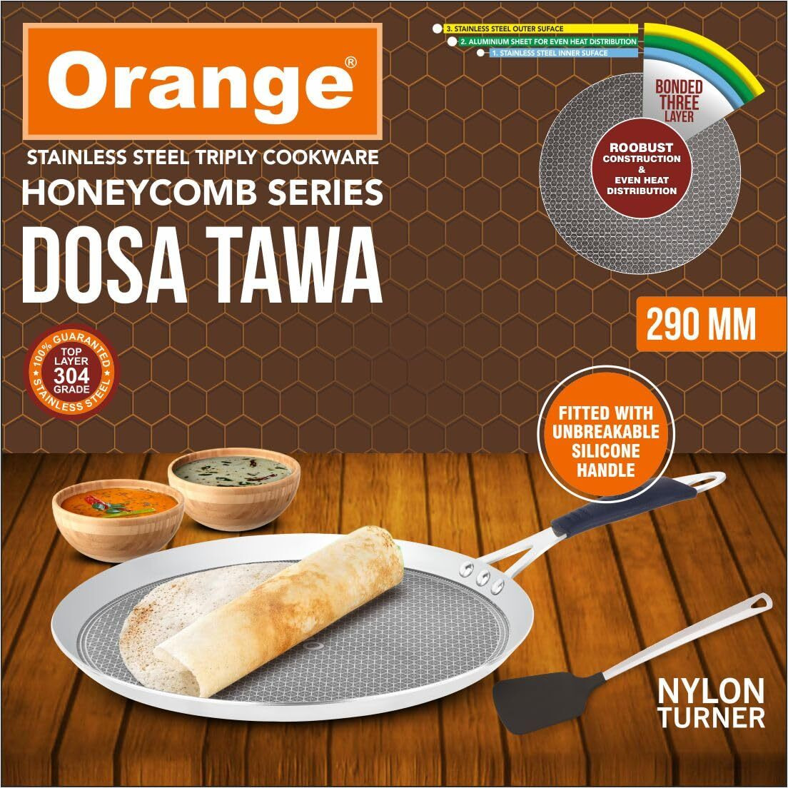 Orange Triply Stainless Steel Honeycomb Non-Stick Dosa Tawa/Uttapa Tawa | Stainless Steel Scratch Resistant Dosa Tawa with Induction Base | Cool Touch Silicon Handle (29 CM)