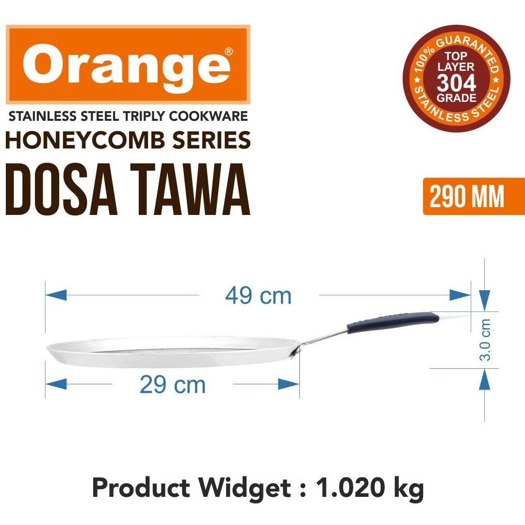 Orange Triply Stainless Steel Honeycomb Non-Stick Dosa Tawa/Uttapa Tawa | Stainless Steel Scratch Resistant Dosa Tawa with Induction Base | Cool Touch Silicon Handle (29 CM)