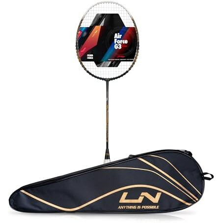 Li-ning Air-Force 77 G3 Carbon Fibre Strung Badminton Racket with Full Cover (77g, Dark Grey/White/Gold)