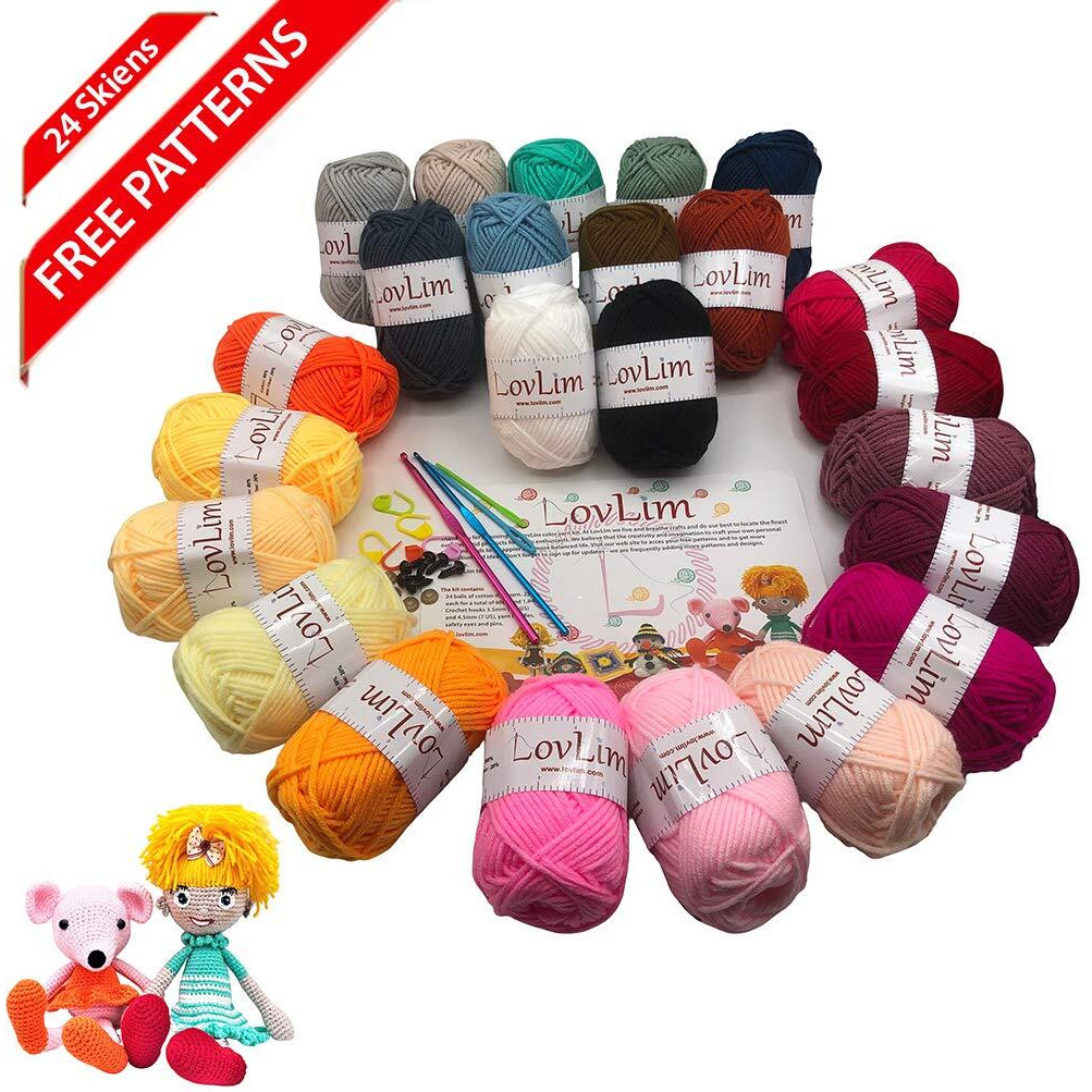 LovLim Crochet Yarn kit, 24 Soft Cotton Yarn skeins for Crochet and Knitting, 1800 Yards Craft DK Yarn, Free Crochet/Amigurumi Patterns, Perfect Starter kit