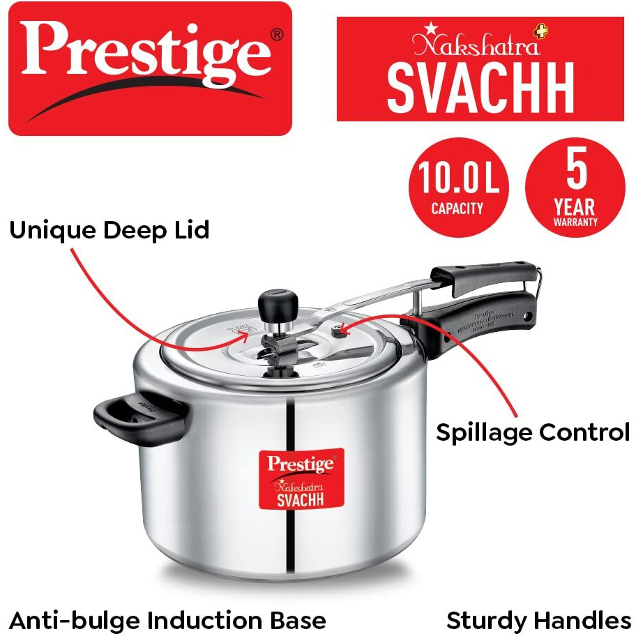 Prestige Nakshatra Plus Svachh Aluminium Inner Lid Pressure Cooker with Unique Deep Lid for Spillage Control, 10 Litre, Silver