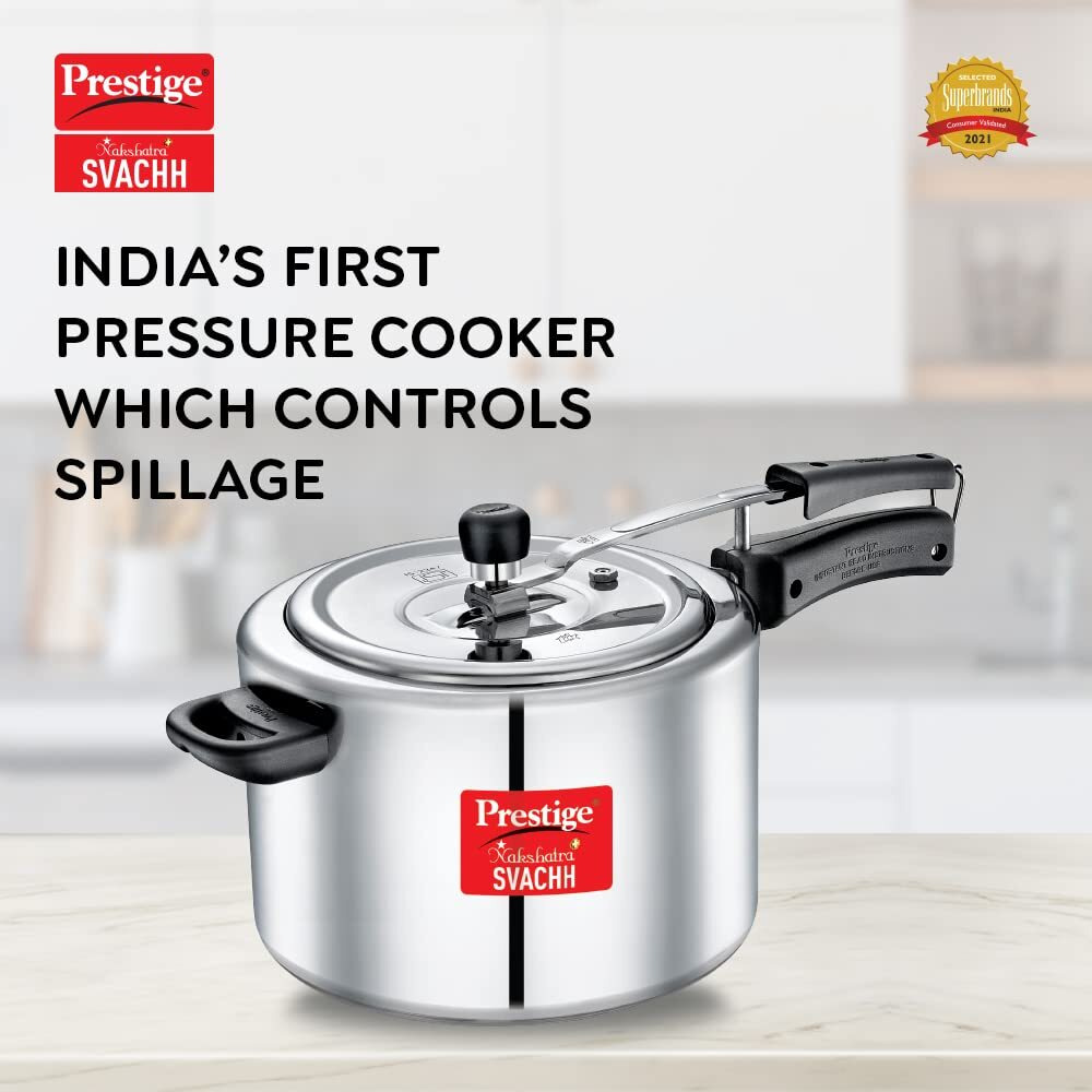 Prestige Nakshatra Plus Svachh Aluminium Inner Lid Pressure Cooker with Unique Deep Lid for Spillage Control, 10 Litre, Silver