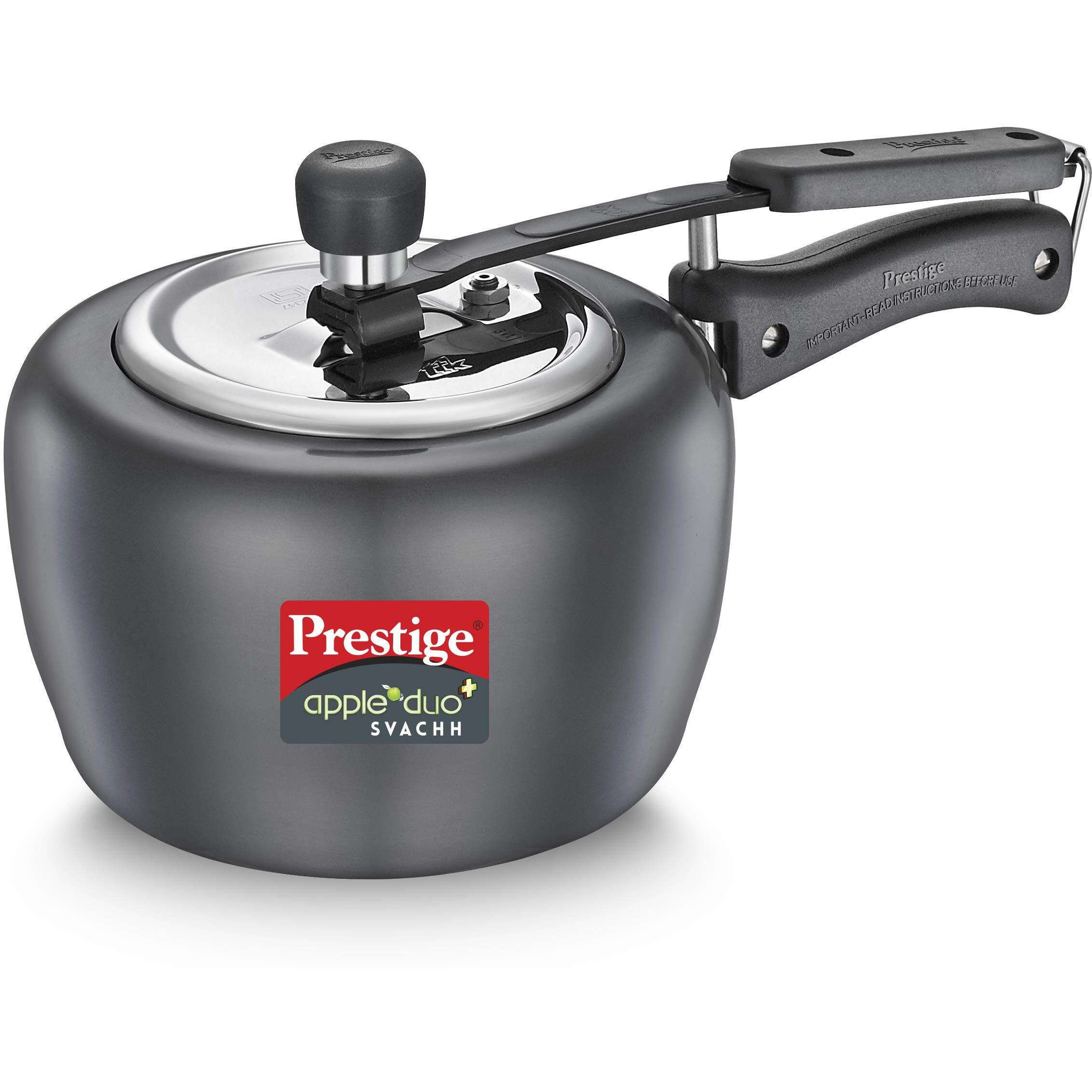 Prestige 3.0 Litres Apple DUO Plus Hard Anodised Induction Base Inner Lid Pressure Cooker |Black | Stainless Steel Deep Lid with Metallic Safety Plug