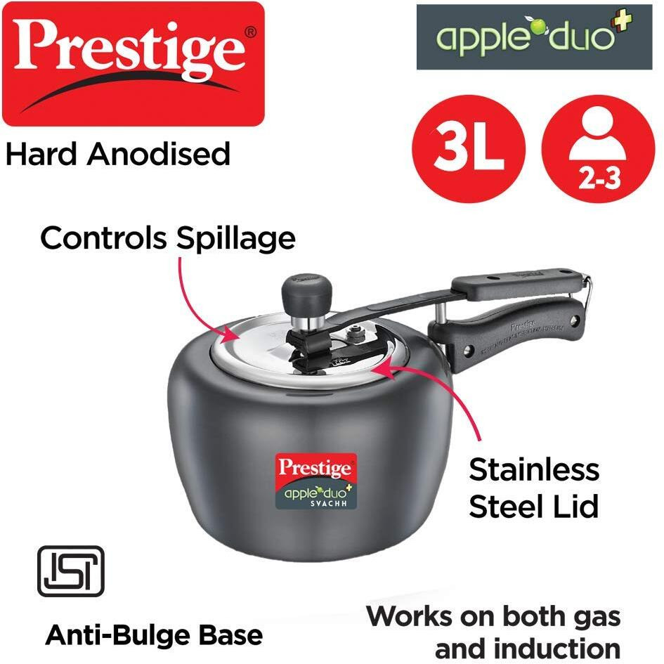 Prestige 3.0 Litres Apple DUO Plus Hard Anodised Induction Base Inner Lid Pressure Cooker |Black | Stainless Steel Deep Lid with Metallic Safety Plug