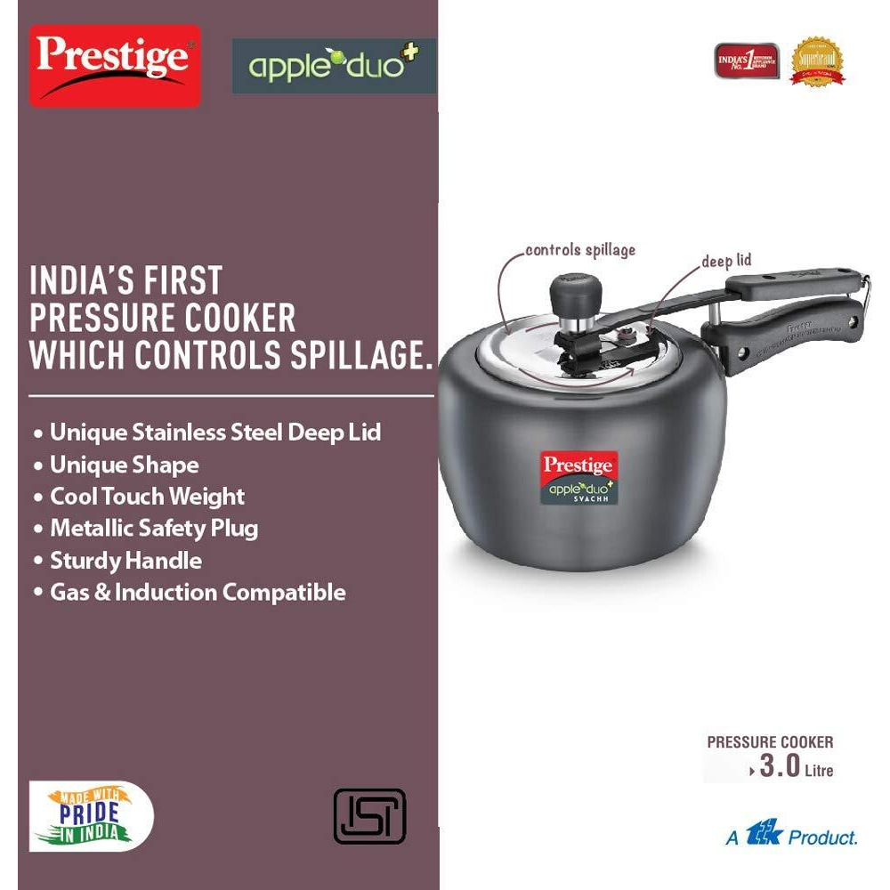 Prestige 3.0 Litres Apple DUO Plus Hard Anodised Induction Base Inner Lid Pressure Cooker |Black | Stainless Steel Deep Lid with Metallic Safety Plug