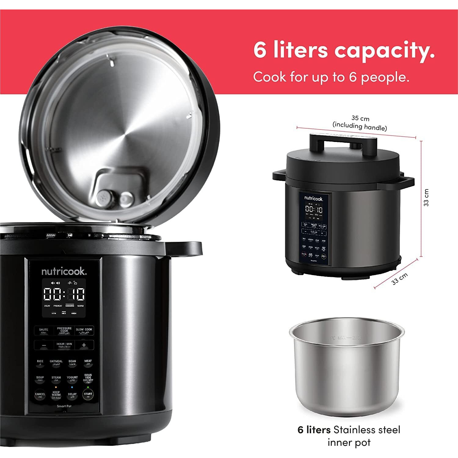 Nutricook Stainless Steel 6 Litre Smart Pot 2, 1000W, 9 In 1 Instant Programmable Electric Pressure Cooker, Slow Cooker, Rice Cooker, Steamer, Saute pot, Yogurt & Soup maker, Warm Food, Smart Lid